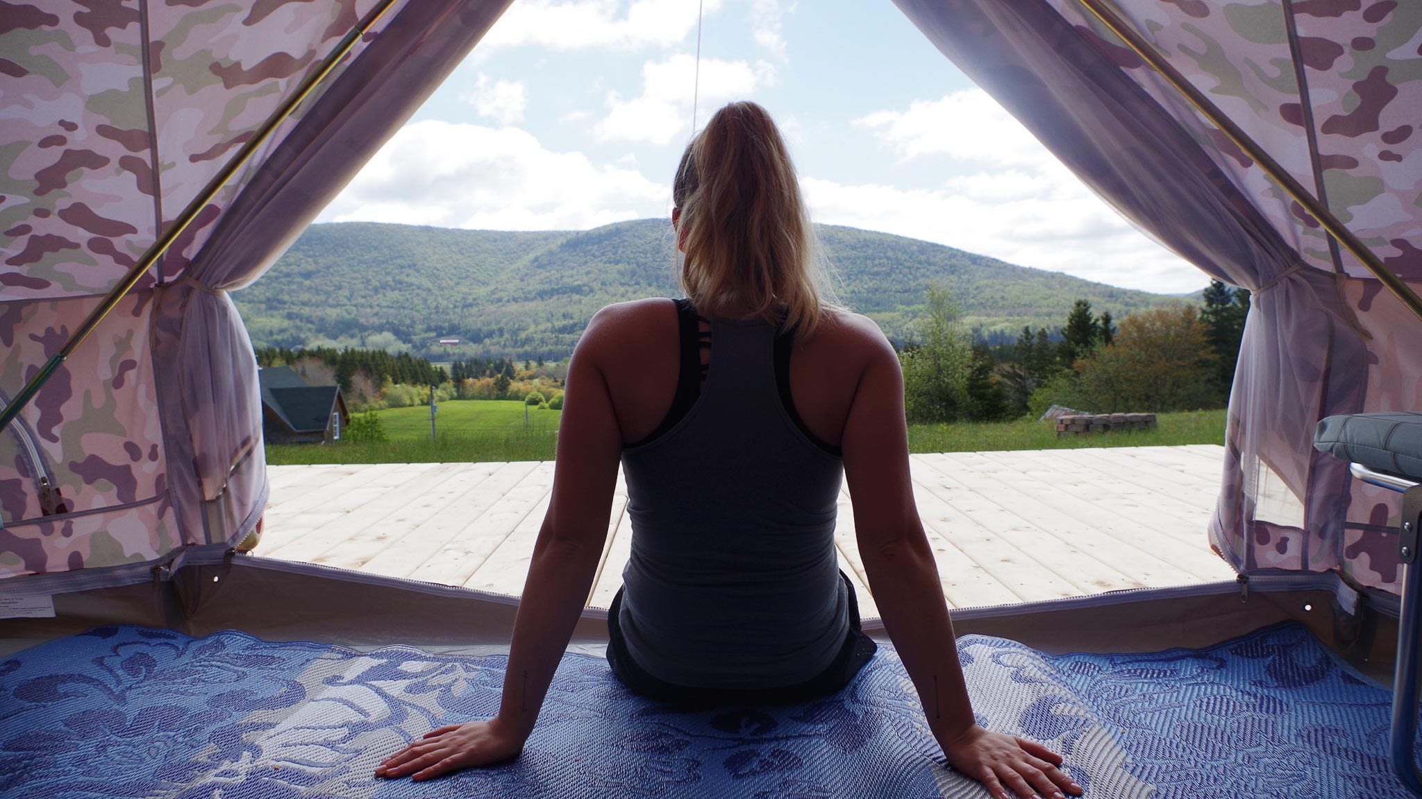The view overlooking the Margaree River Valley from the deck of the tents