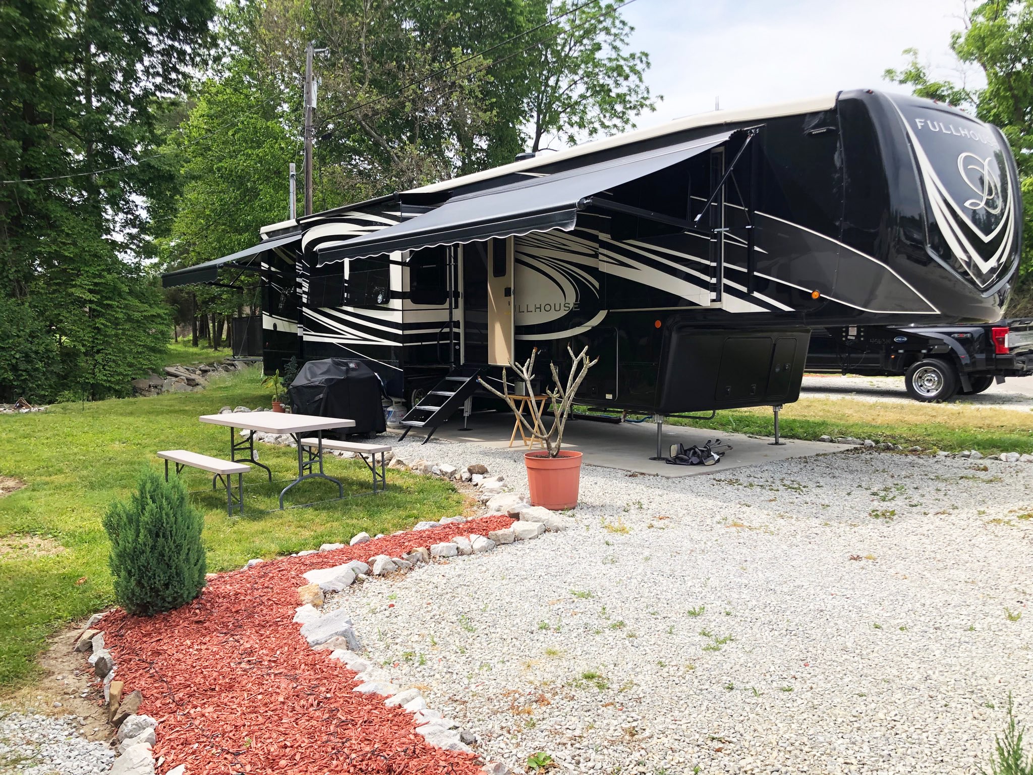 Full hookup RV Fairy land because of all the little Christmas lights that come on every night