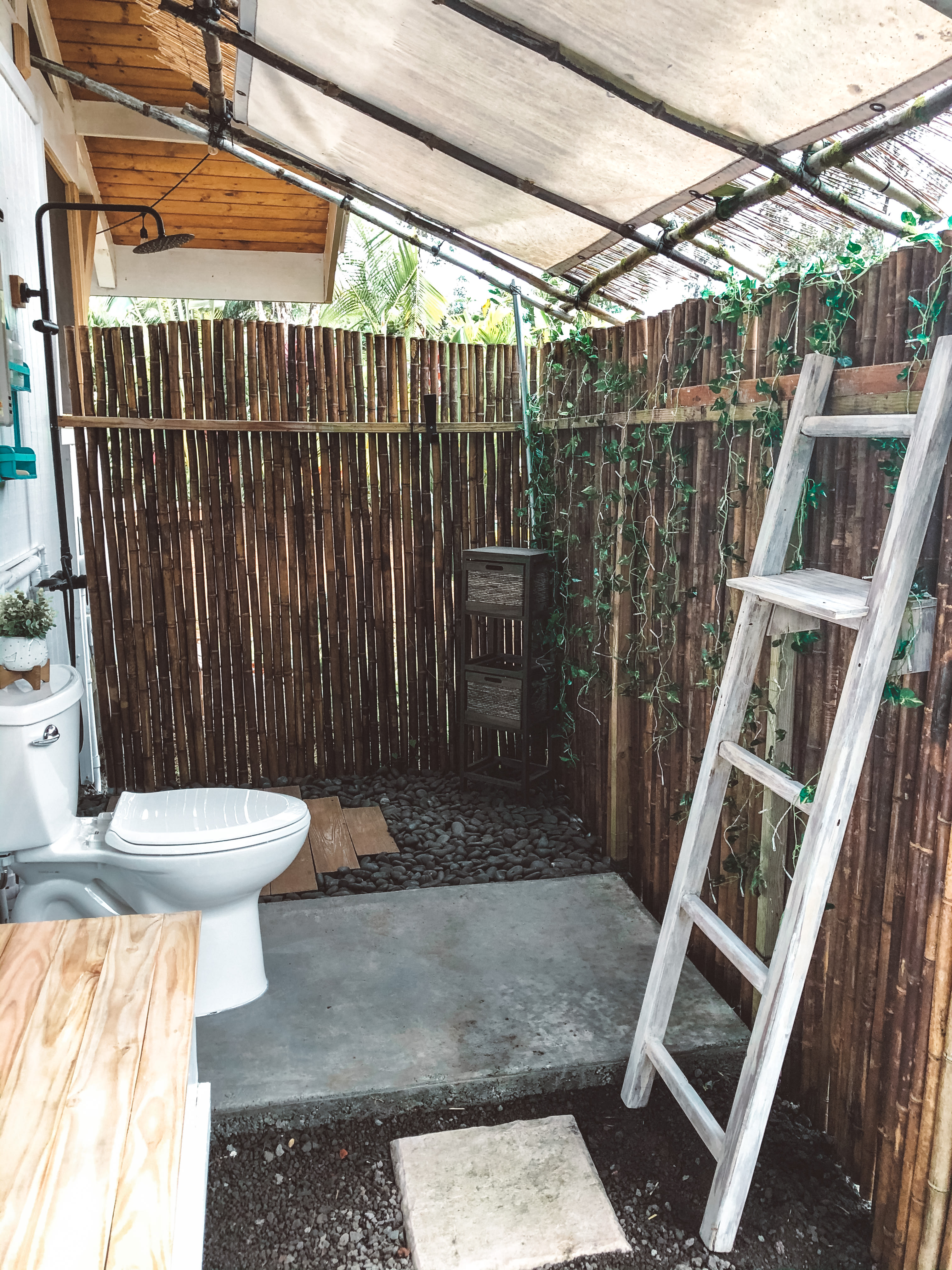 Flushing toilet and bathroom area. 