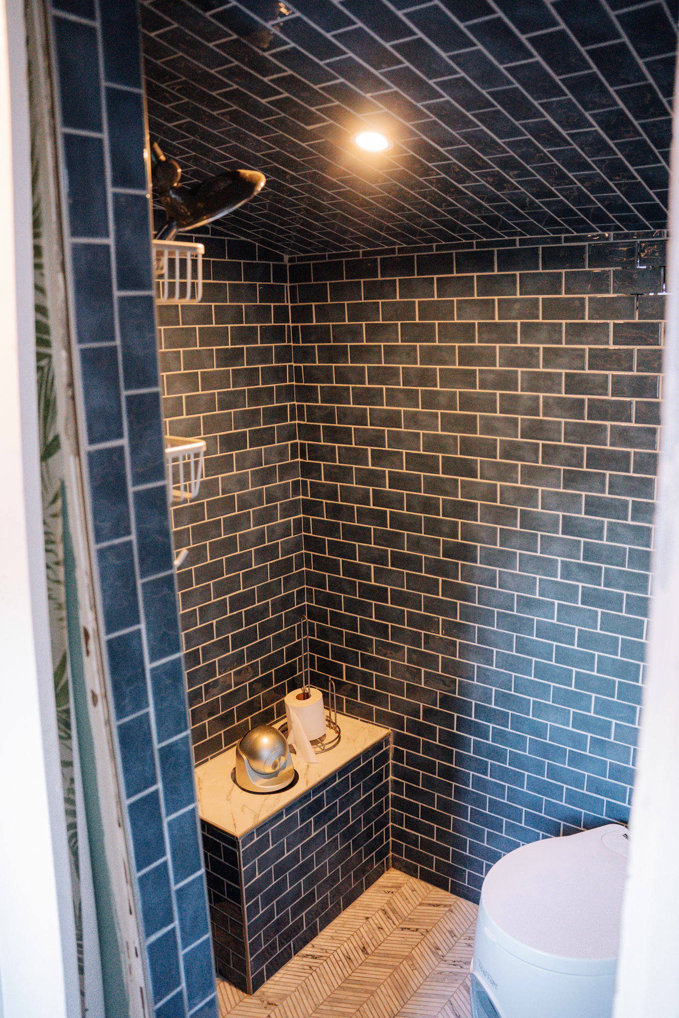 Spacious shower and bathroom. 
