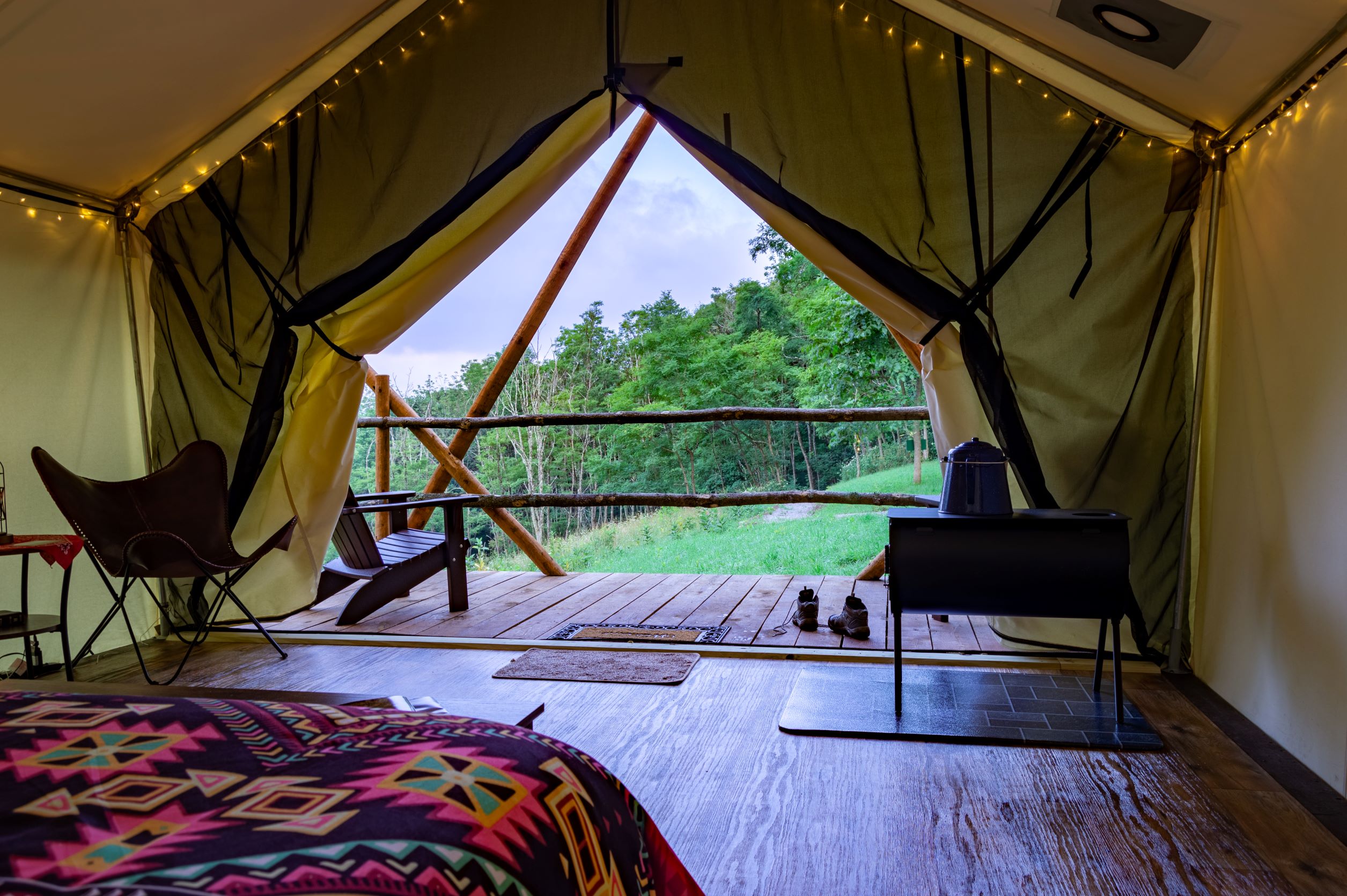 Standing by the frig beside the bed looking out toward the walking path to the tent.