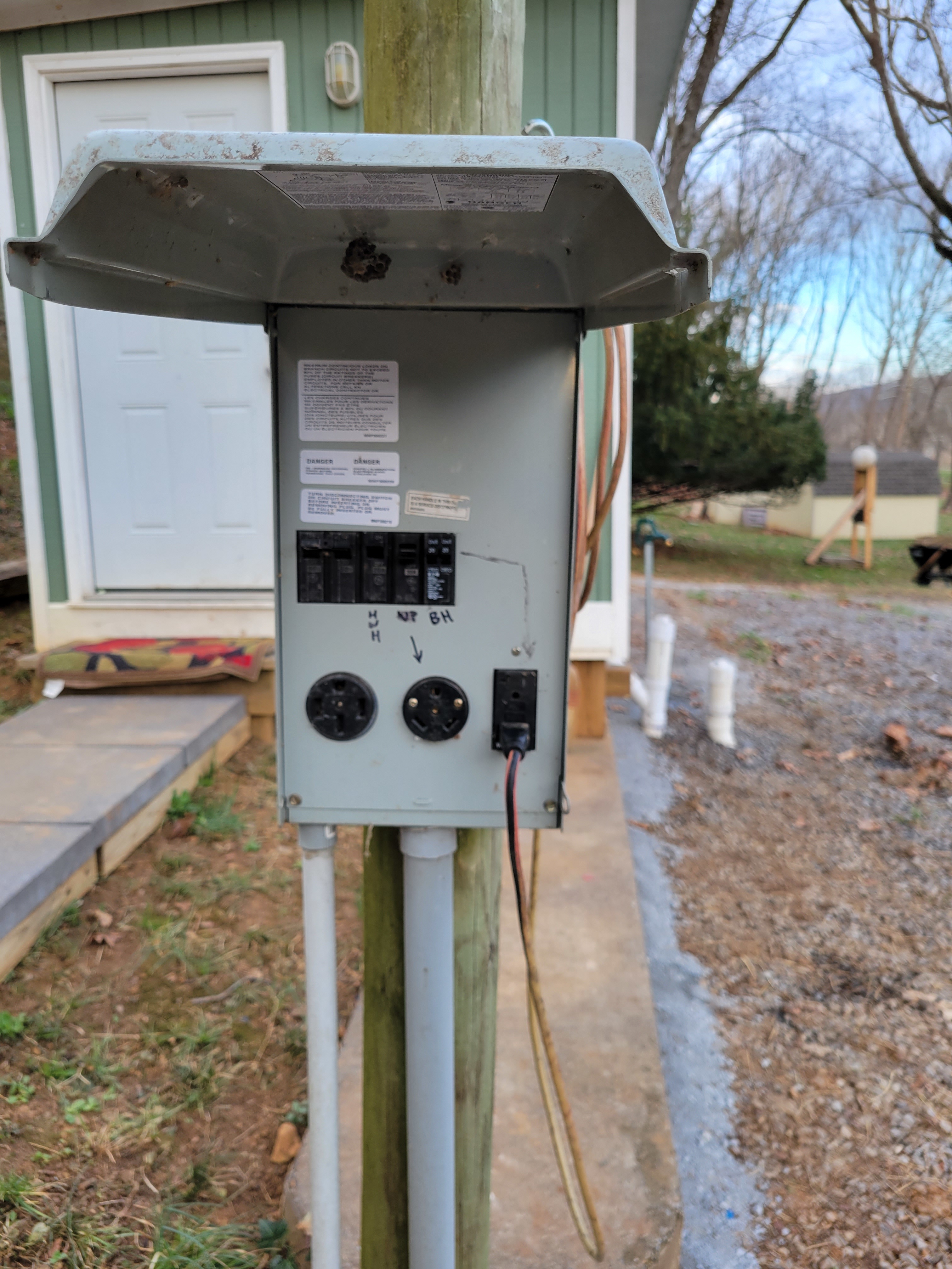 30 and 50 amp service is provided at the breaker box beside the Taj Ma Potty. There are also 2 20 amp plugs. 