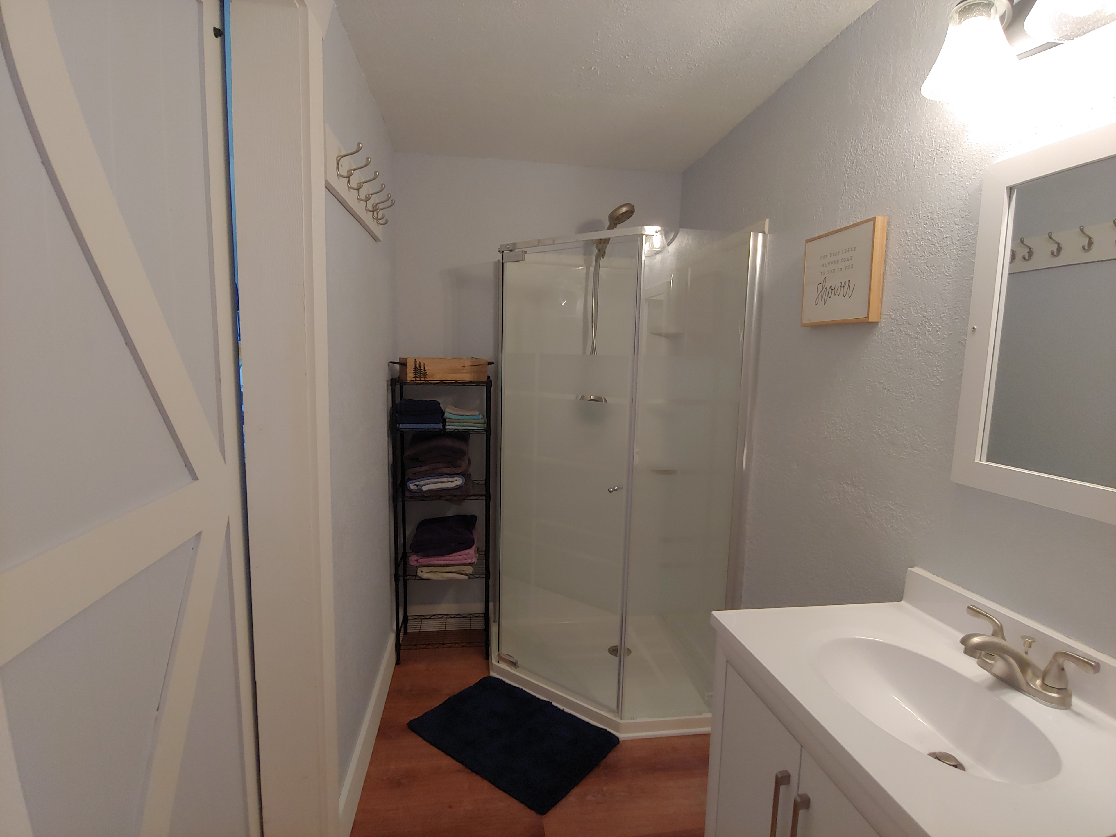 Shower, towels, sink