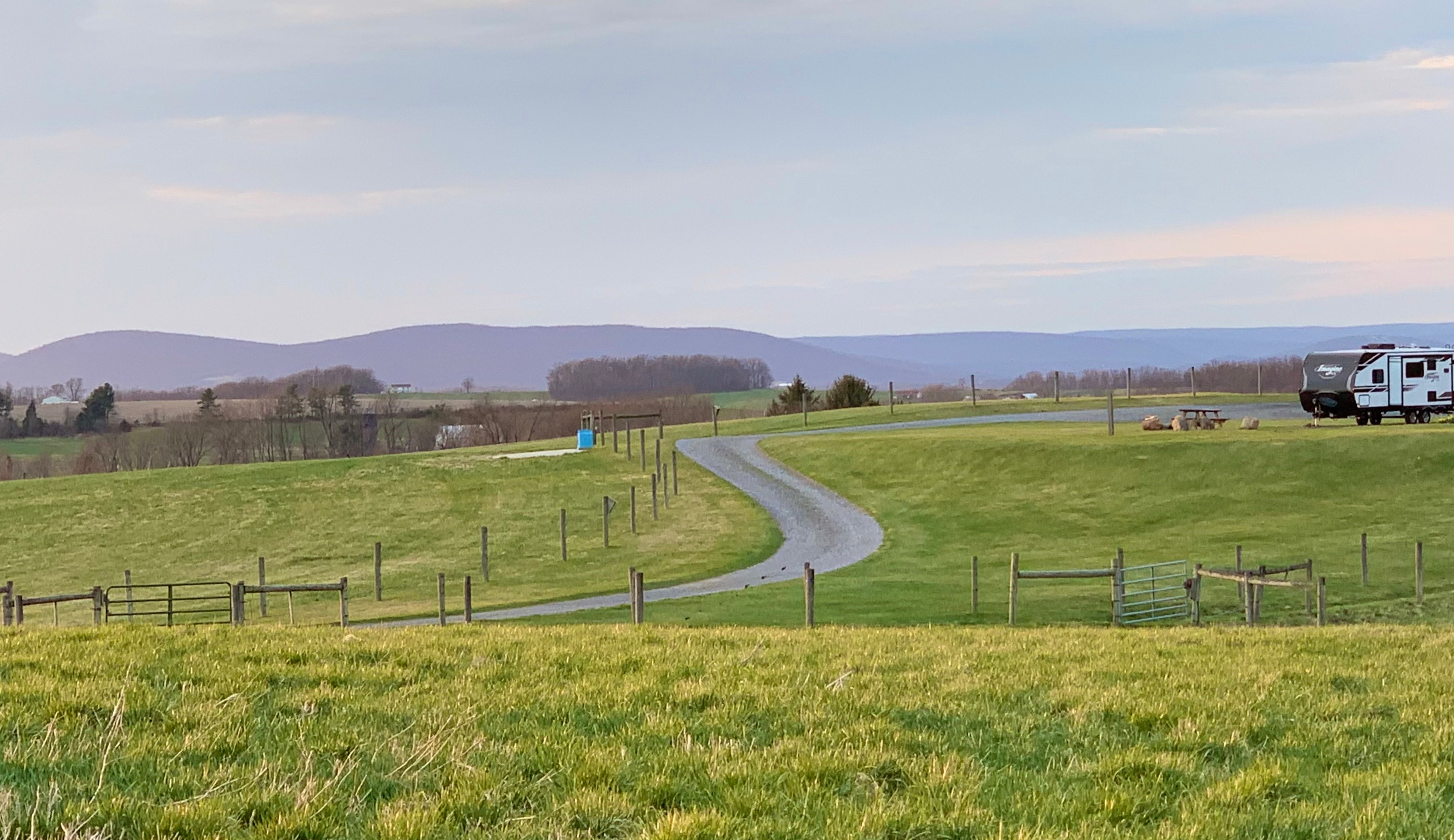 A clear view of the mountains and the campsite from one of the cattle pastures.