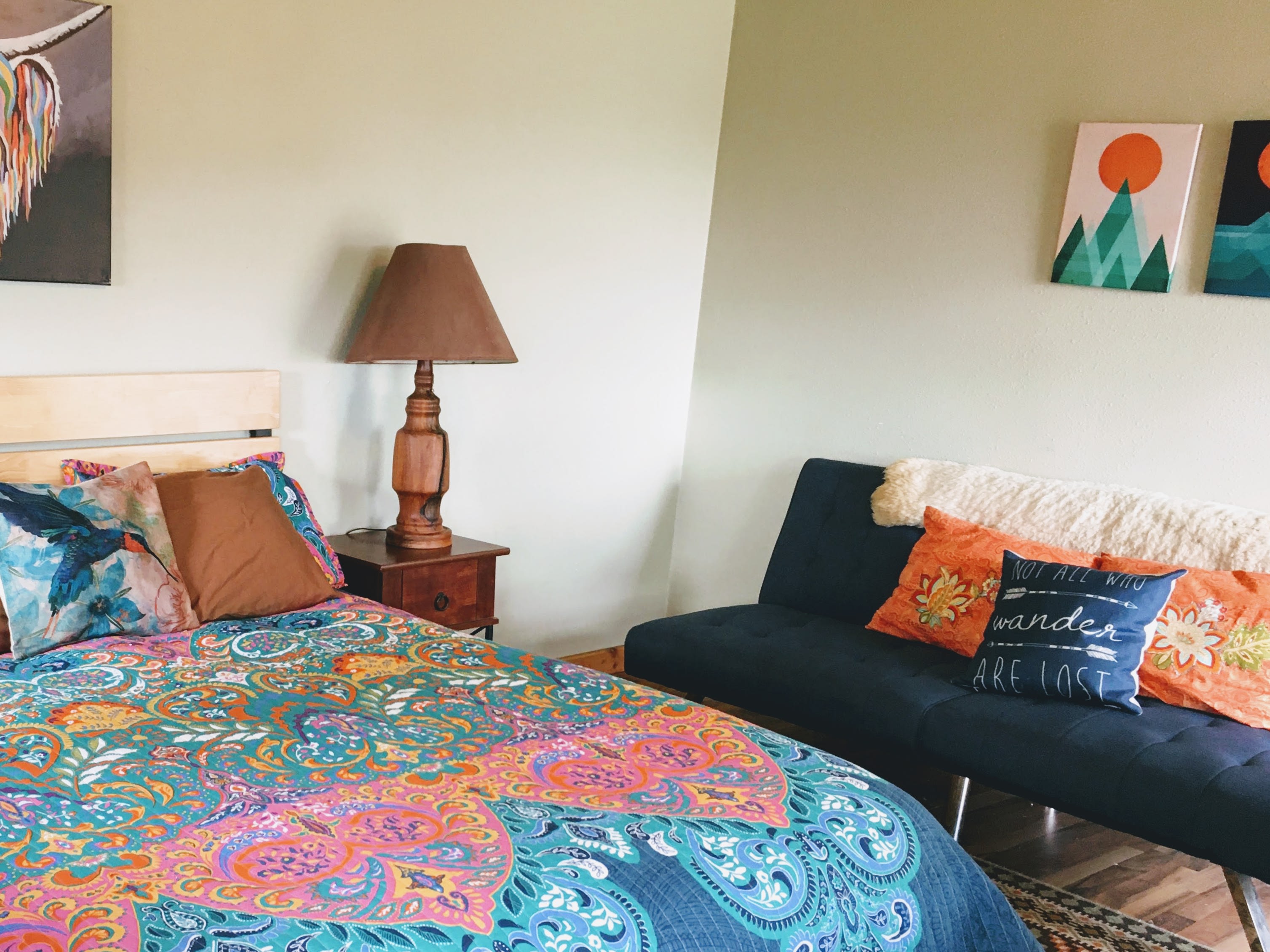 Your comfy queen size bed with memory foam mattress + small pullout sofa.