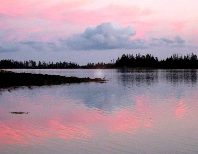 A stunning real life sunset, resembling a Bob Ross still life painting, looking out toward Mink and Indian Islands. 

If you look closely you can see a heron on fishing on the point.  