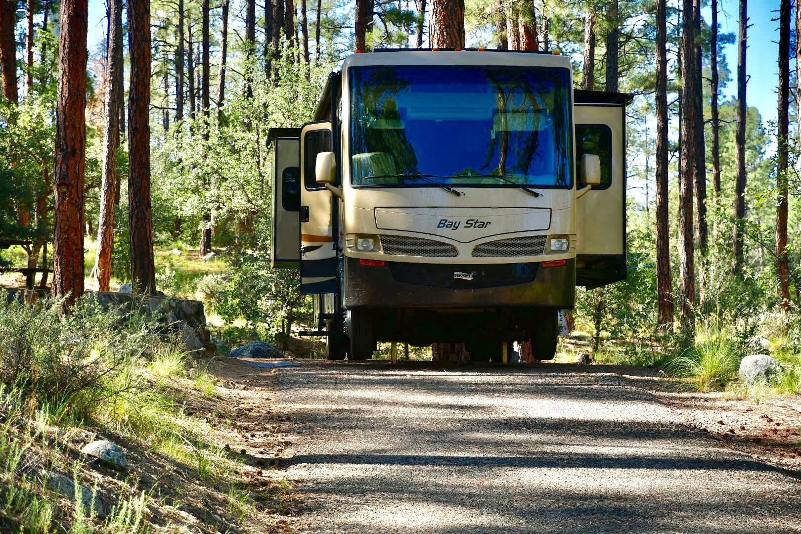 Last loop, probably site 36 or thereabouts. Somewhat steep and narrow, had front wheels off the ground for level. Lots of shade, nice but not so good for solar, and with no hook-ups might lead to generator noise at times. Close to Prescott!