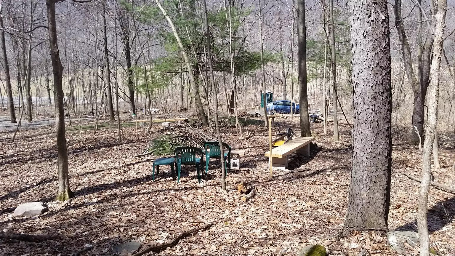 SITE #2 "Base Camp". Close to parking and port a potty. Fire ring and benches. 