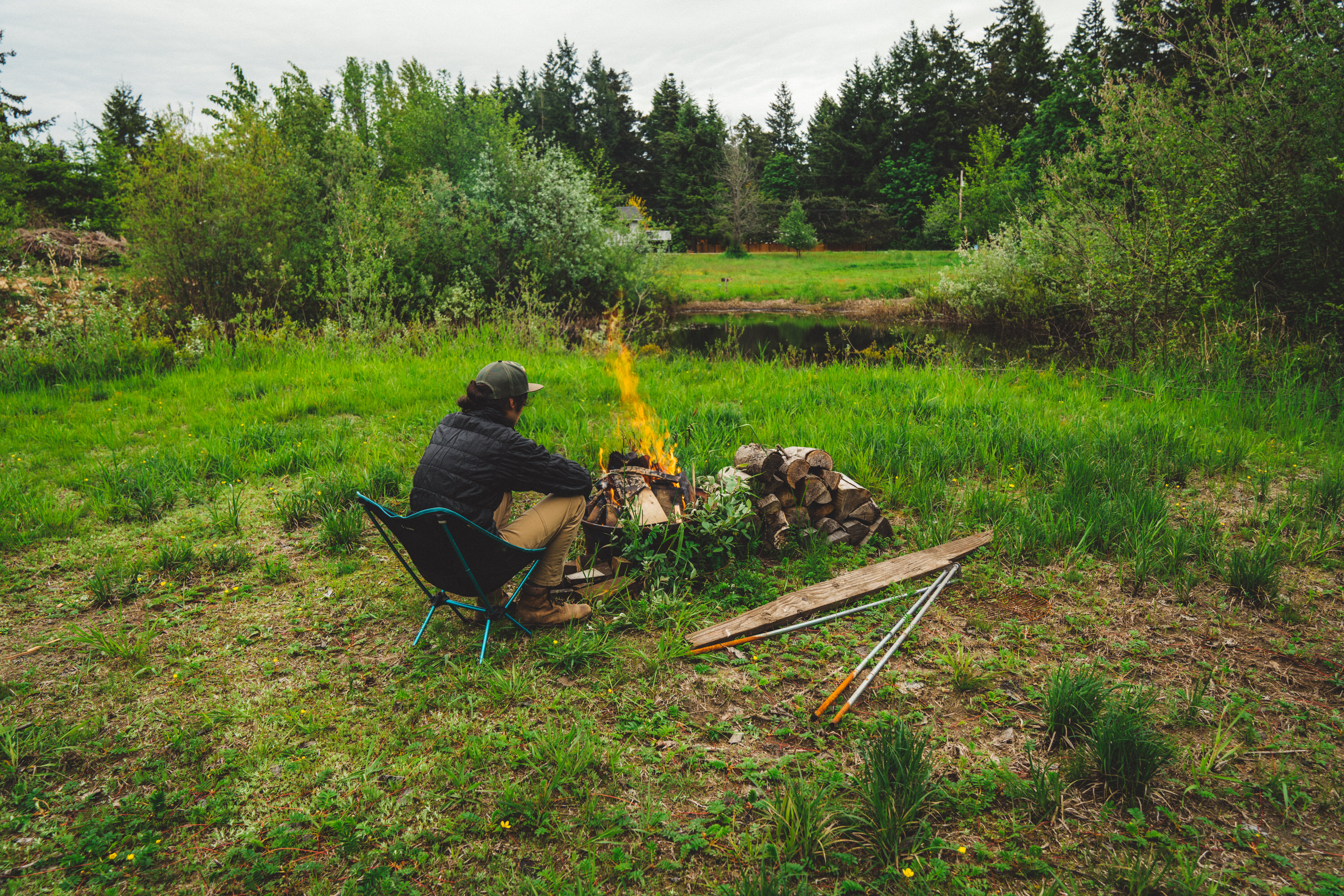 Enjoying the fire before the rain started.