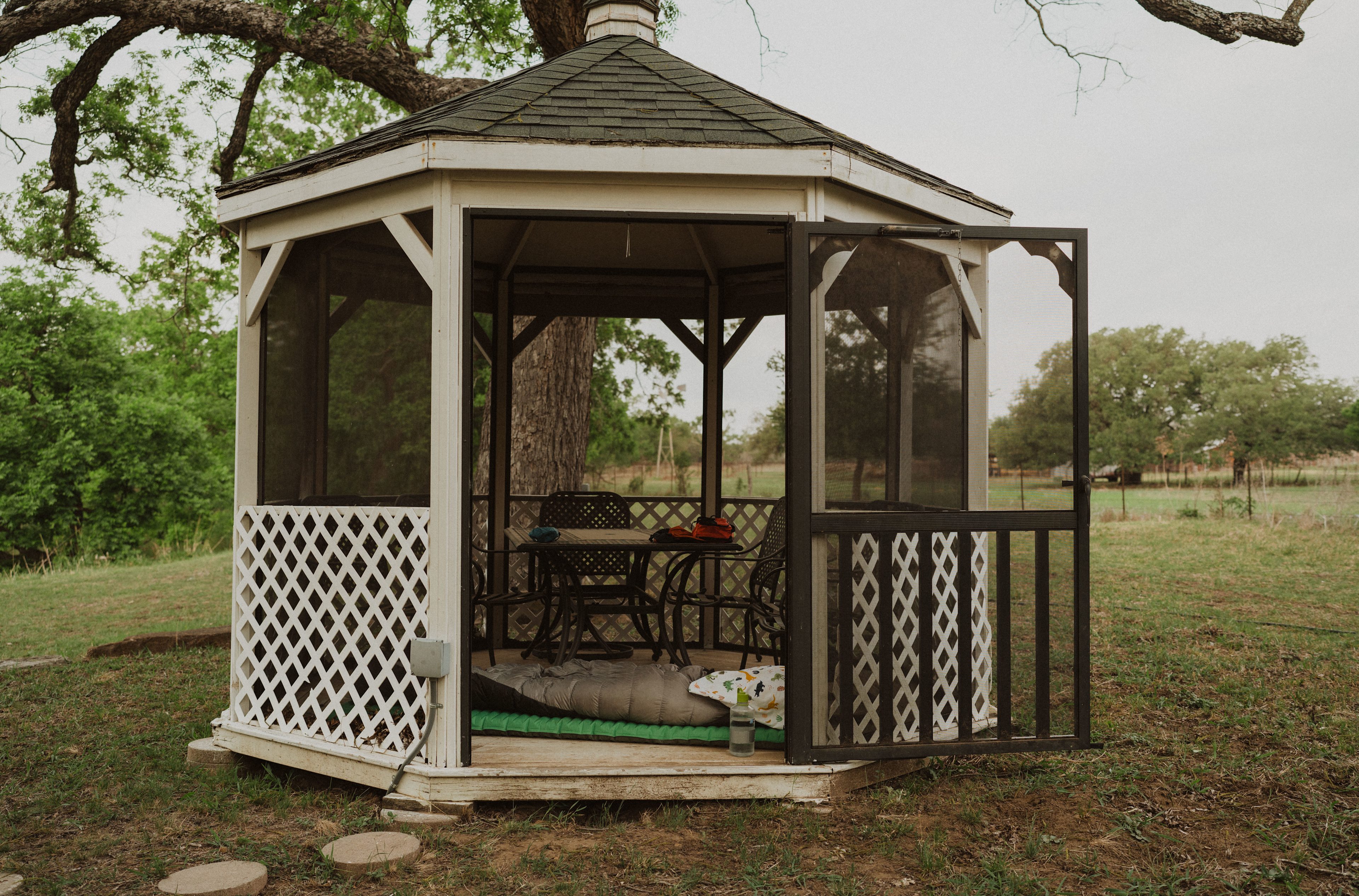 I fell asleep to the sounds of cicadas and frogs on the floor of the gazebo. 
