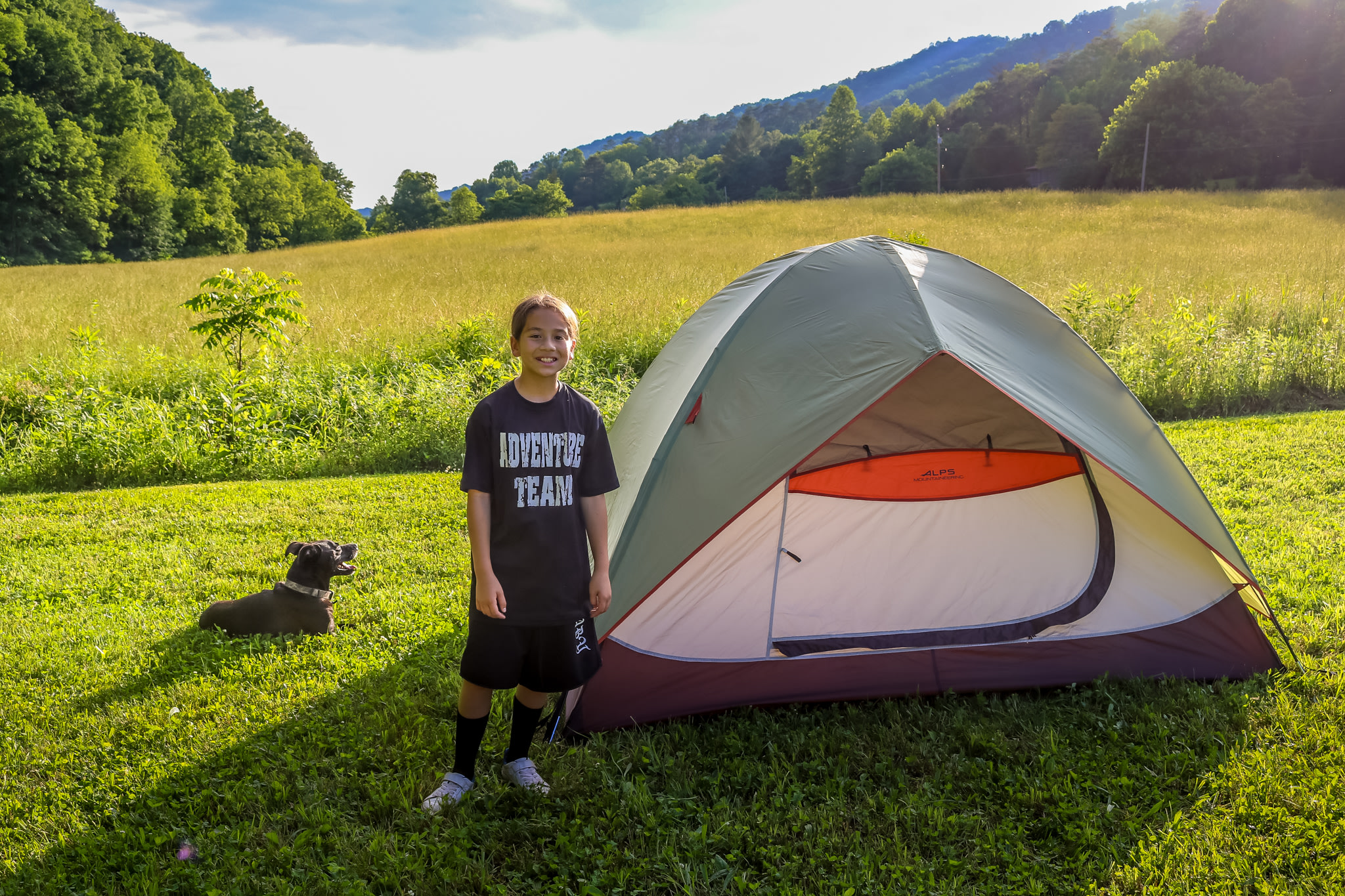 Gigi and Luke Dog after the tent was pitched