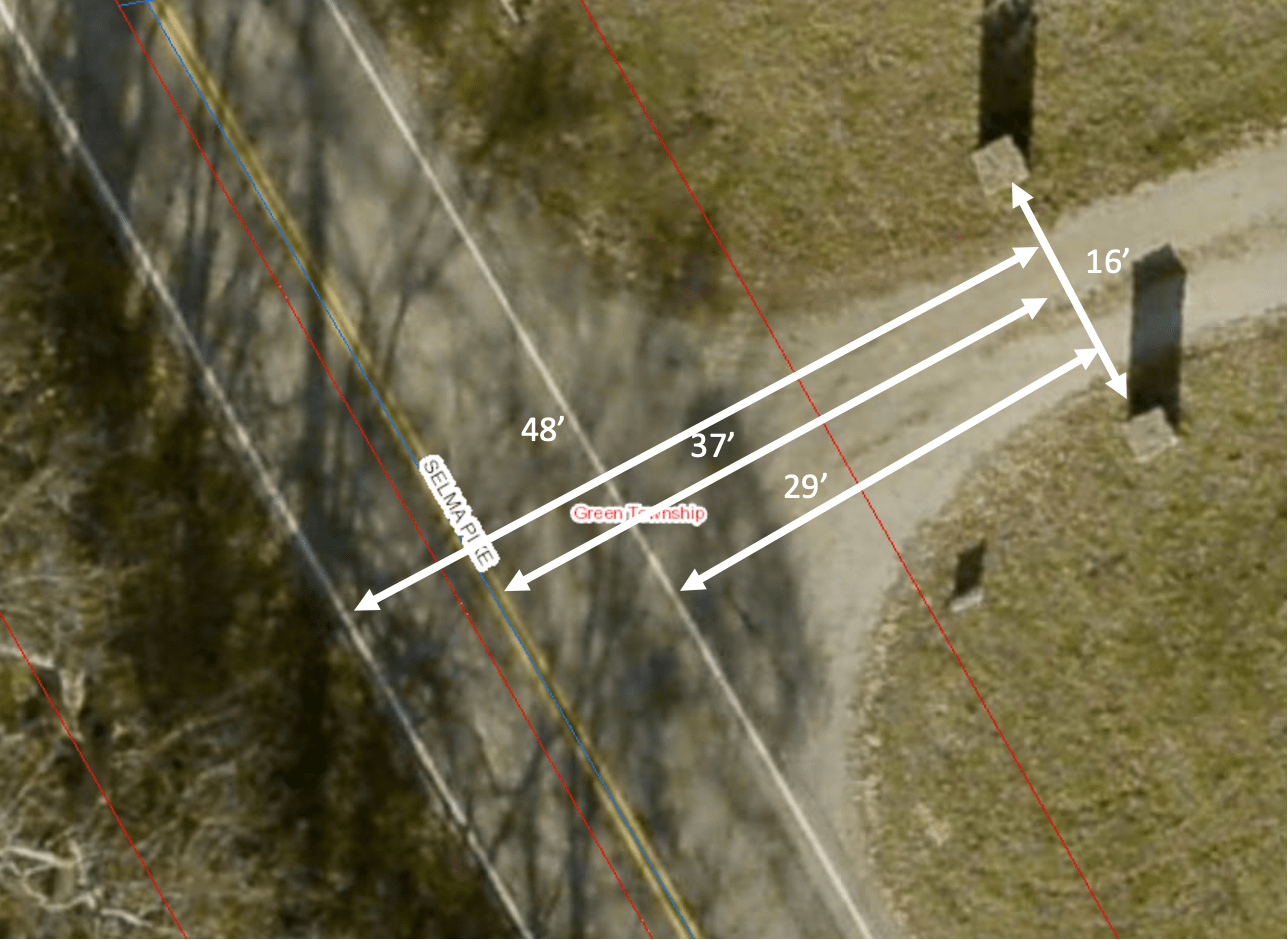 Here are the approximate dimensions of the entrance to the farm.  Class A Motor Homes should be able to safely enter and exit Selma Pike. 
