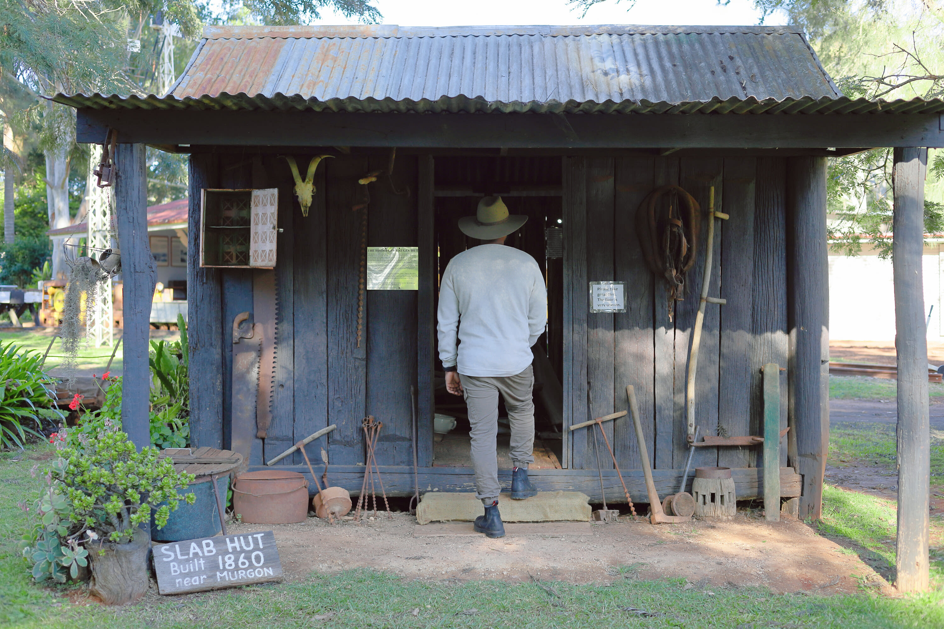 Australian slab huts made from timber and bark.