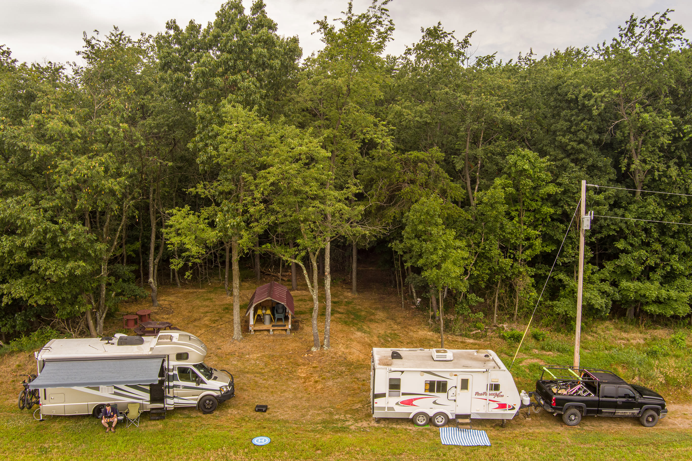 The main Shed area from the field facing the woods (Aerial image).