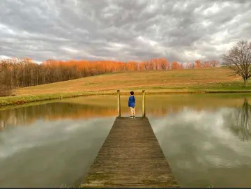 Views of woods, pond, and sunrise