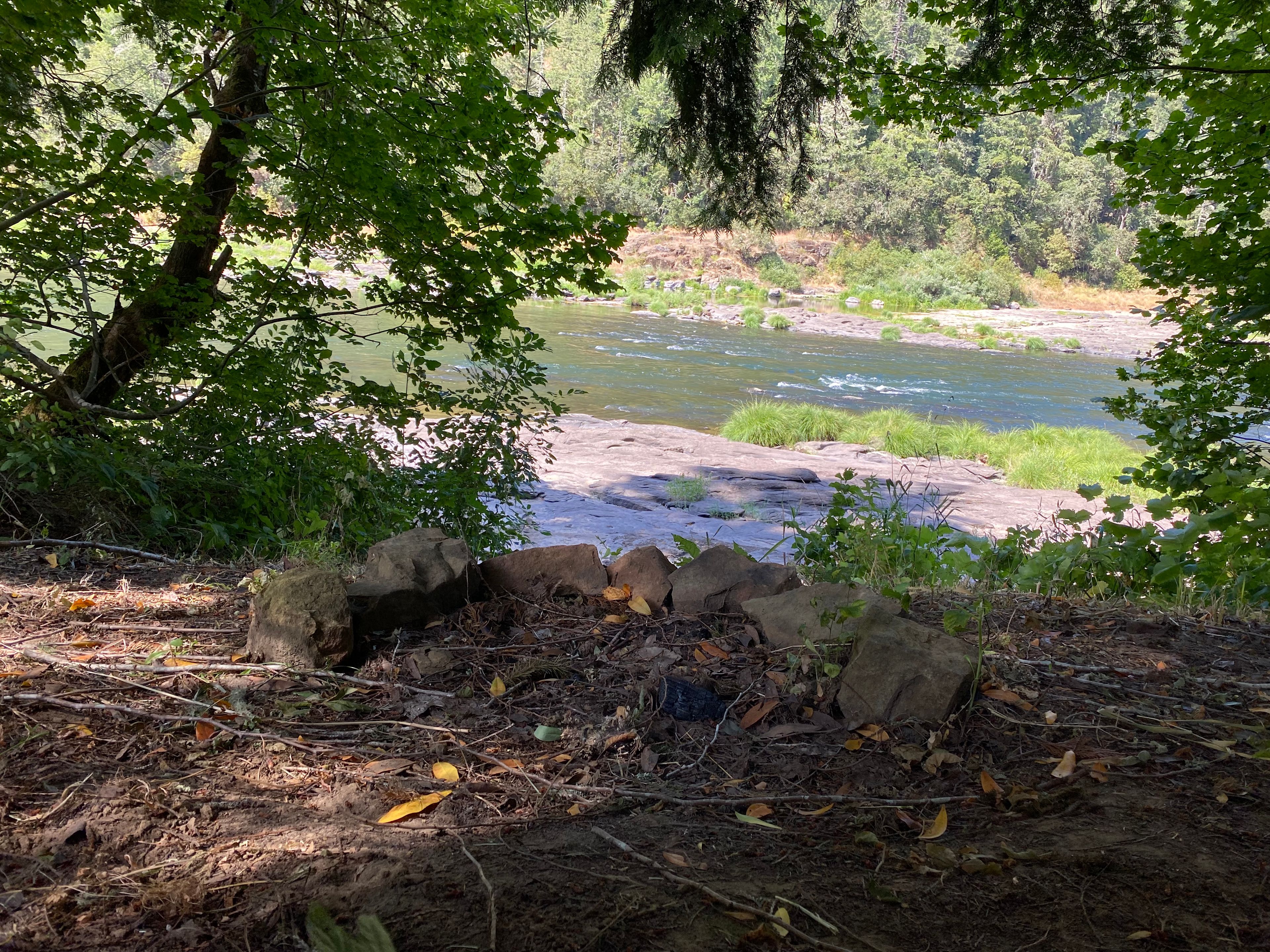 View of the river while sitting under the tree at the campfire ring
