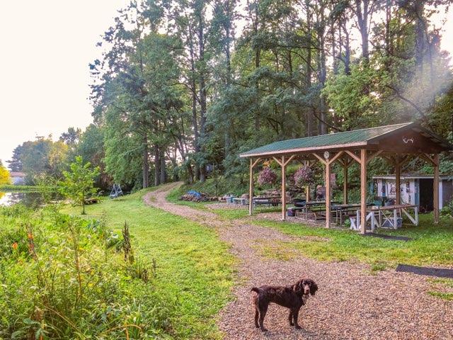Our pavilion area with picnic tables, fire pit, and waterfall