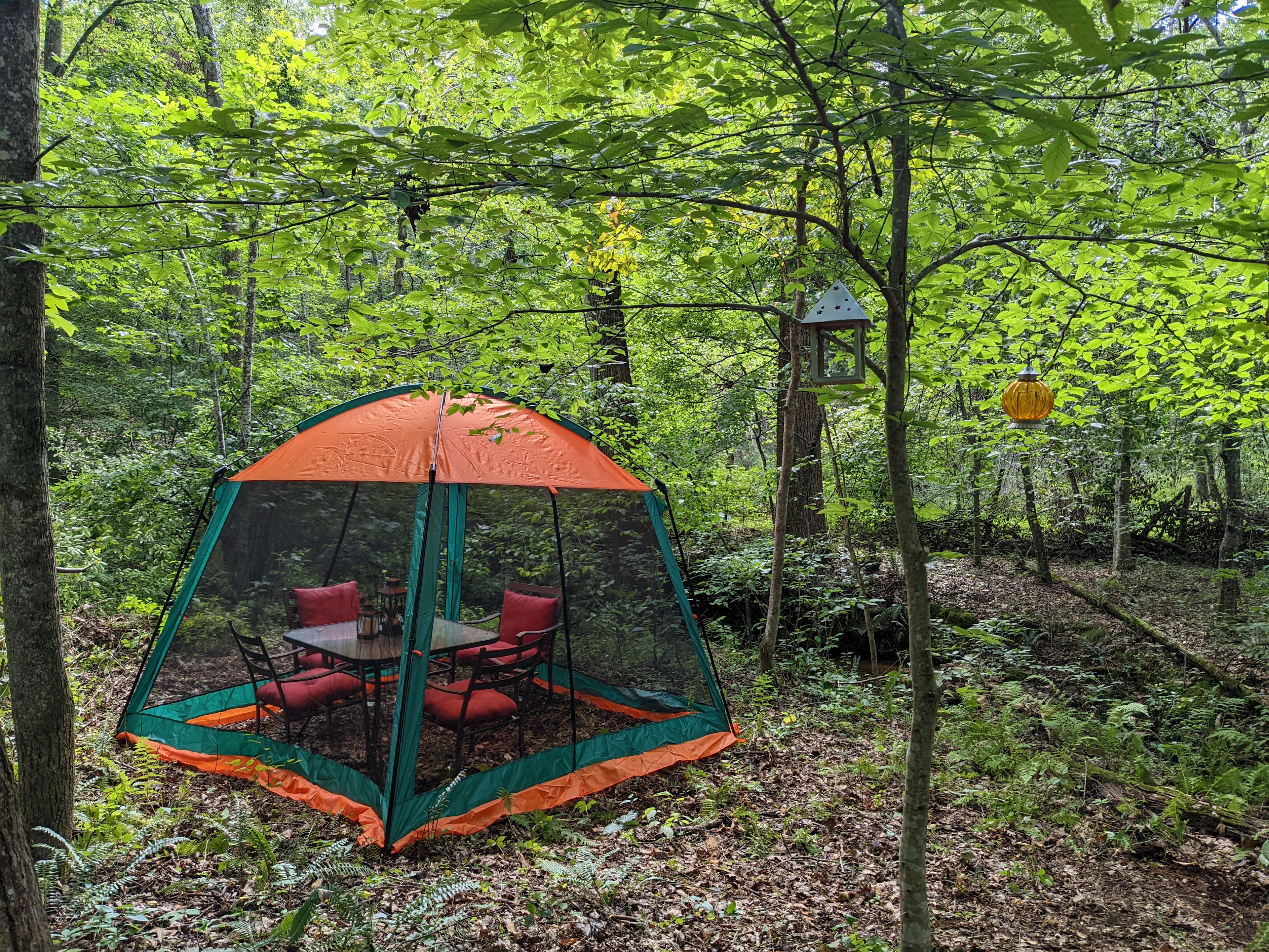 Dining table and four chairs at the site. The insect screen is available for rent. 