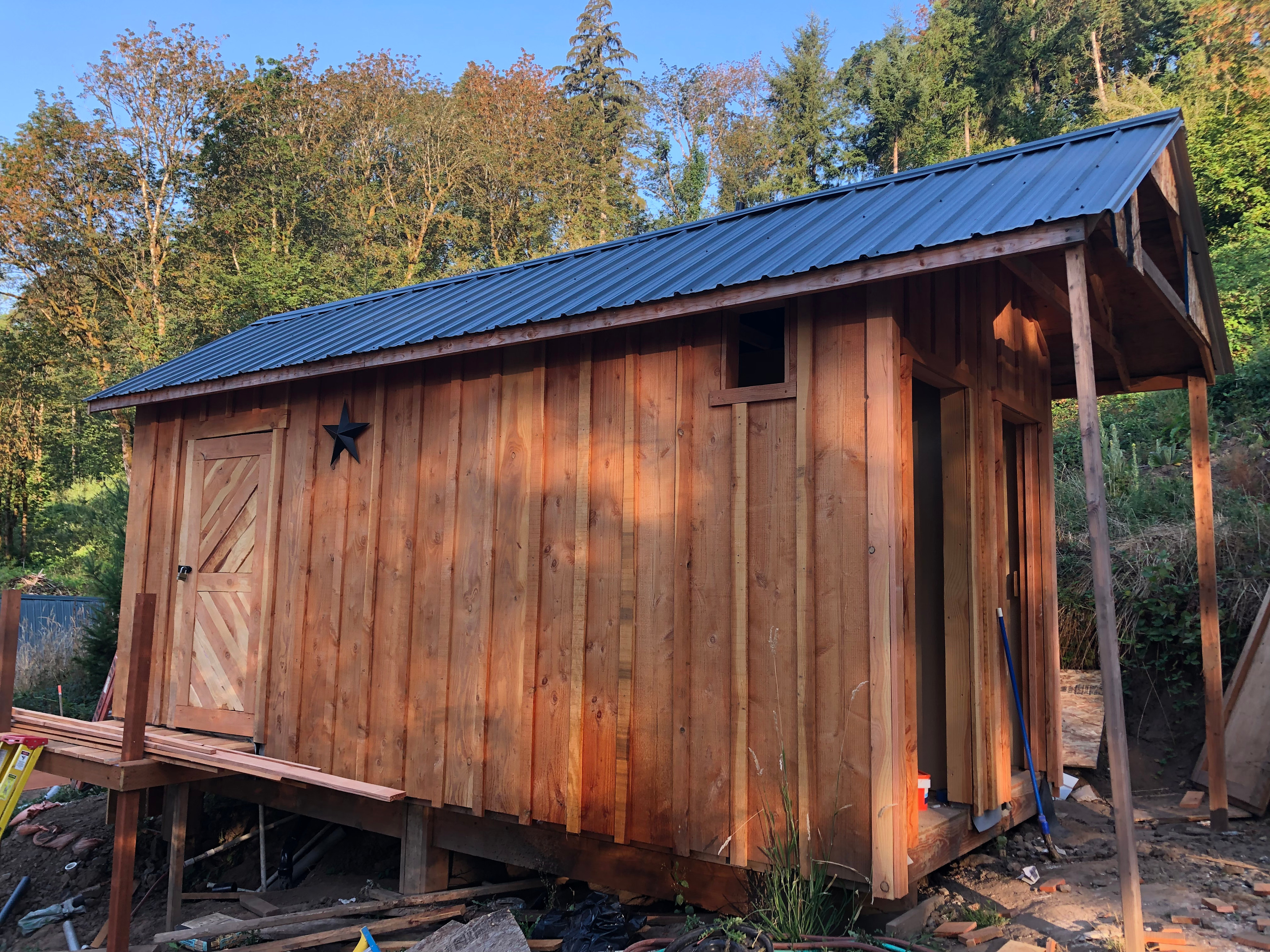 Available public restroom with heated shower and flushing toilet.