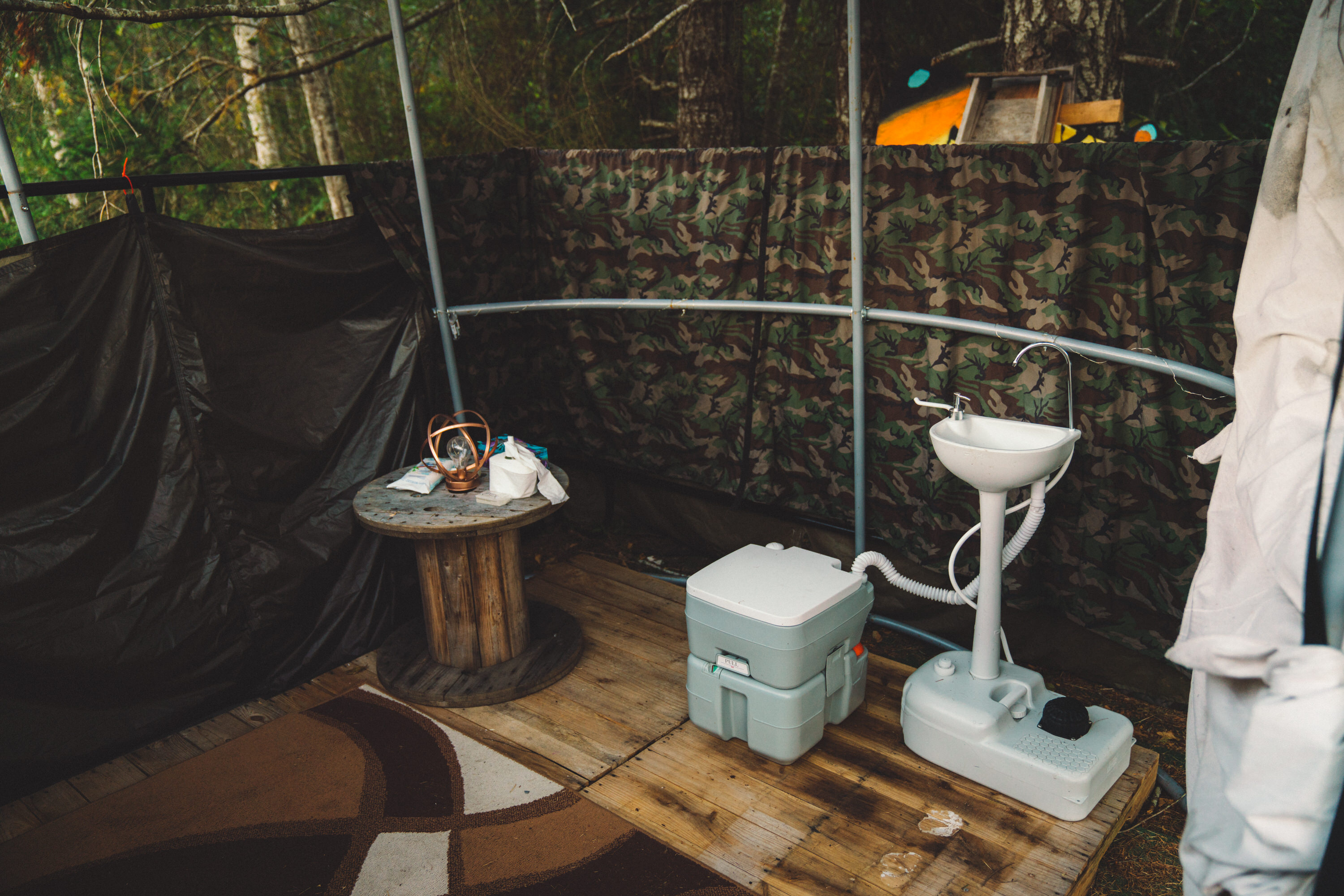 Inside the bathroom corral. 