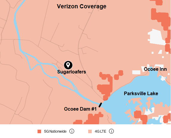 Coverage for Verizon is 4GLTE at Sugarloafers.  Take a short drive up to Ocoee Dam#1 for 5G Nationwide coverage.  T-Mobile is not available.