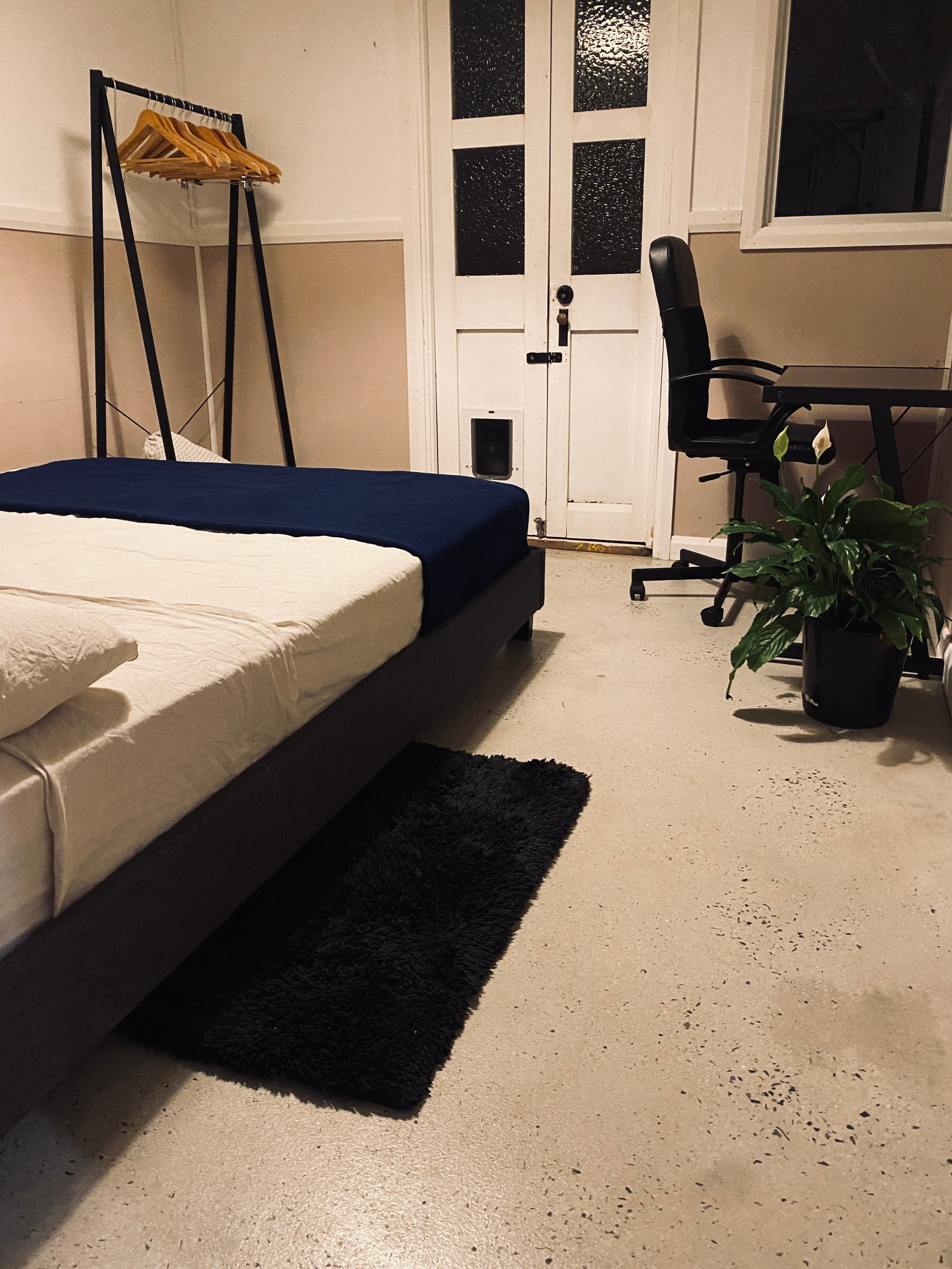 The room, a simple comfy queen bed.