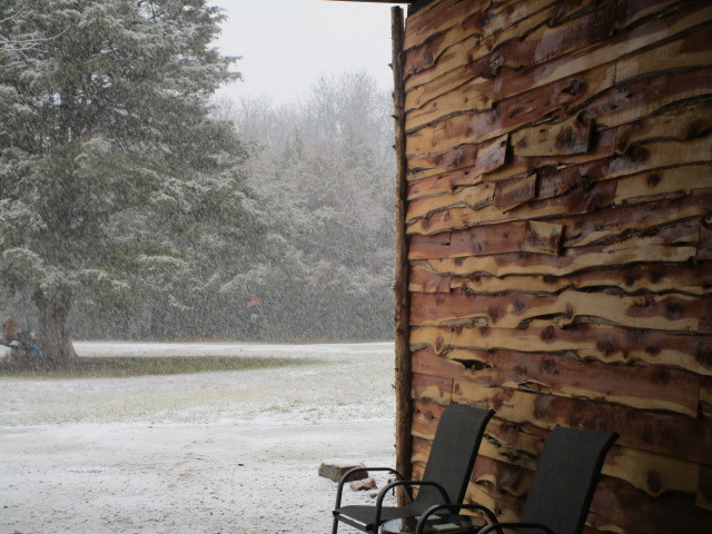 The view as we were drinking hot cocoa outside the bunkhouse as the snow comes down, the woodstove is keeps us very warm.