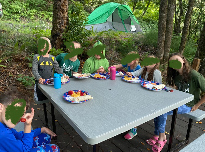 Breakfast on the picnic table on the deck (photo taken July 2022)