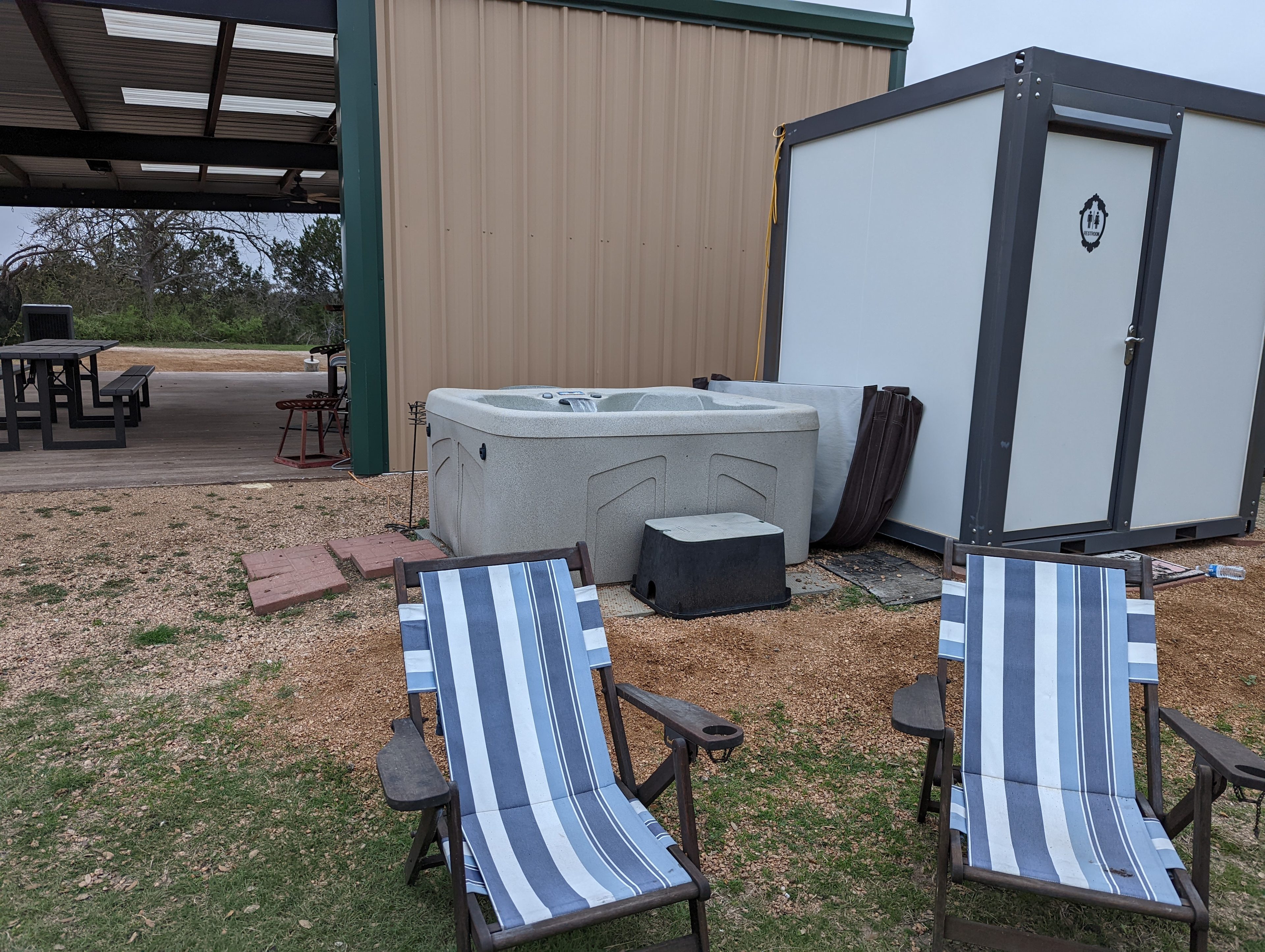 Relax in the hottub with a glass of wine/ cold beer. In the summer we turn the heat to cool off. Sit in lawn chairs where our chickens might share a seat.