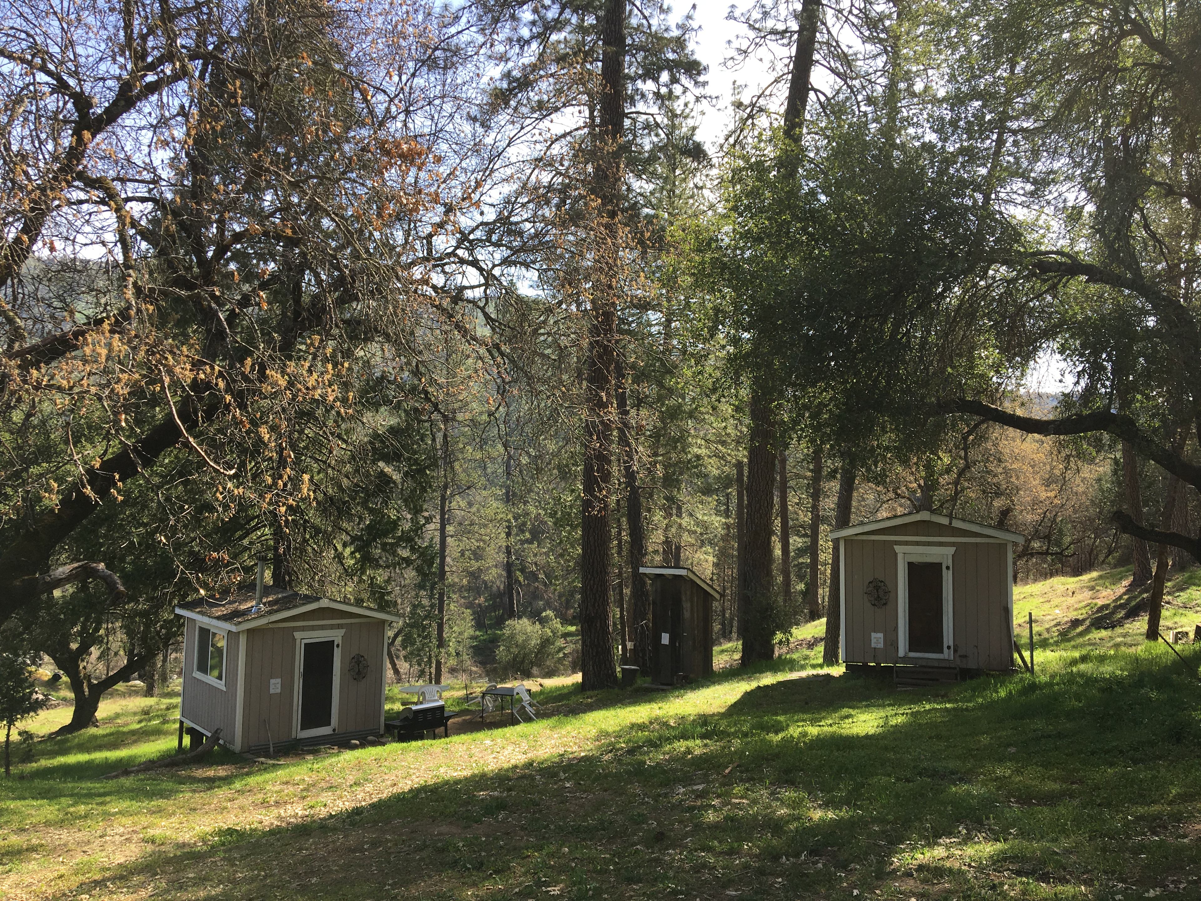 Cabins 1 and 2 with outhouse/bathroom between and cabin over flow site behind the bathroom. 
