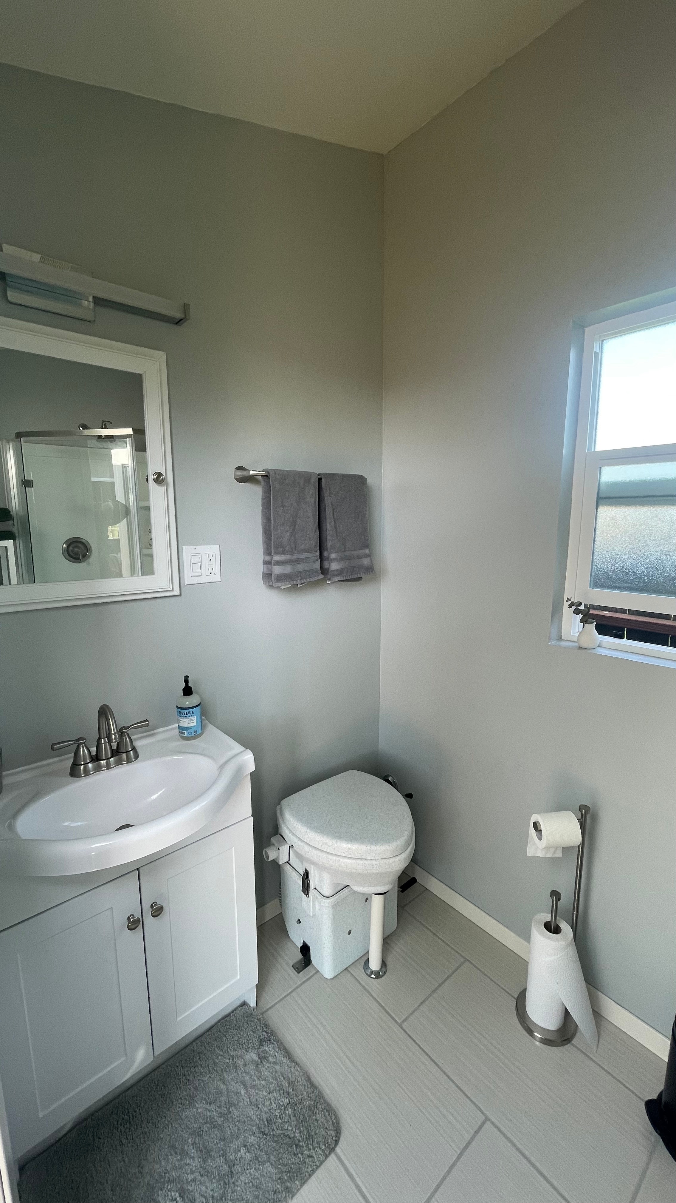 Bathroom with composting toilet.