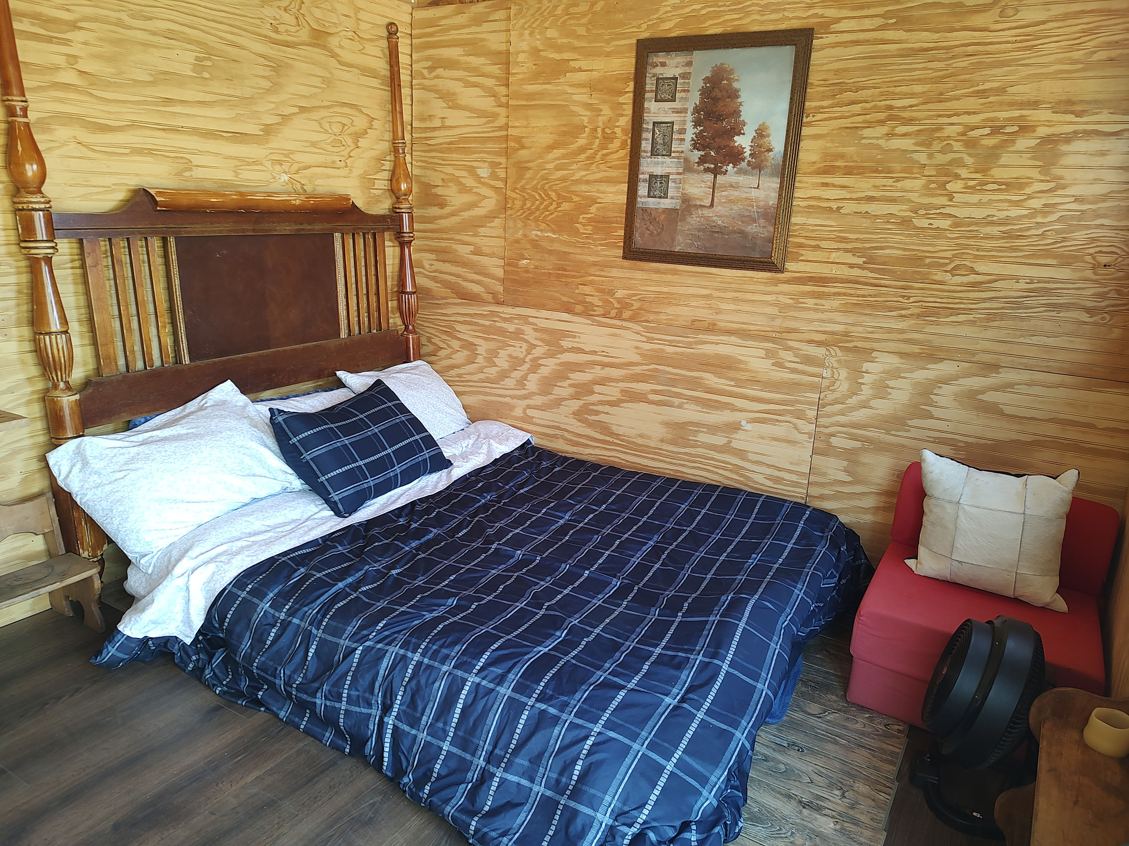 Queen size bed and the red chair folds out into a lounge/small bed.