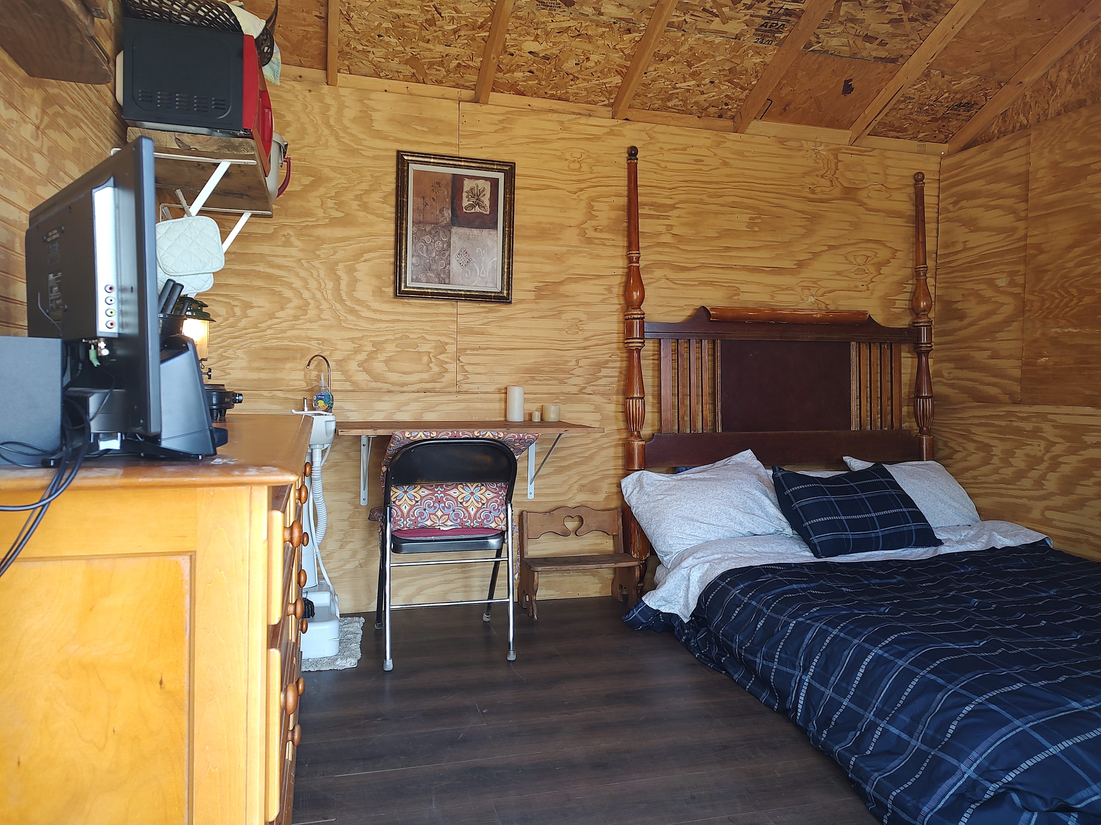 As you walk inside. There's a few feet between and cabinet. 