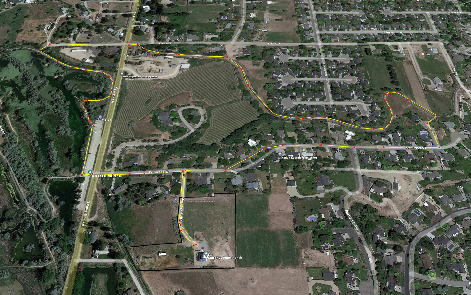 1.85 mile loop thought the neighborhood, on the Nampa 'Greenbelt' path and through Wilson Springs Pond.