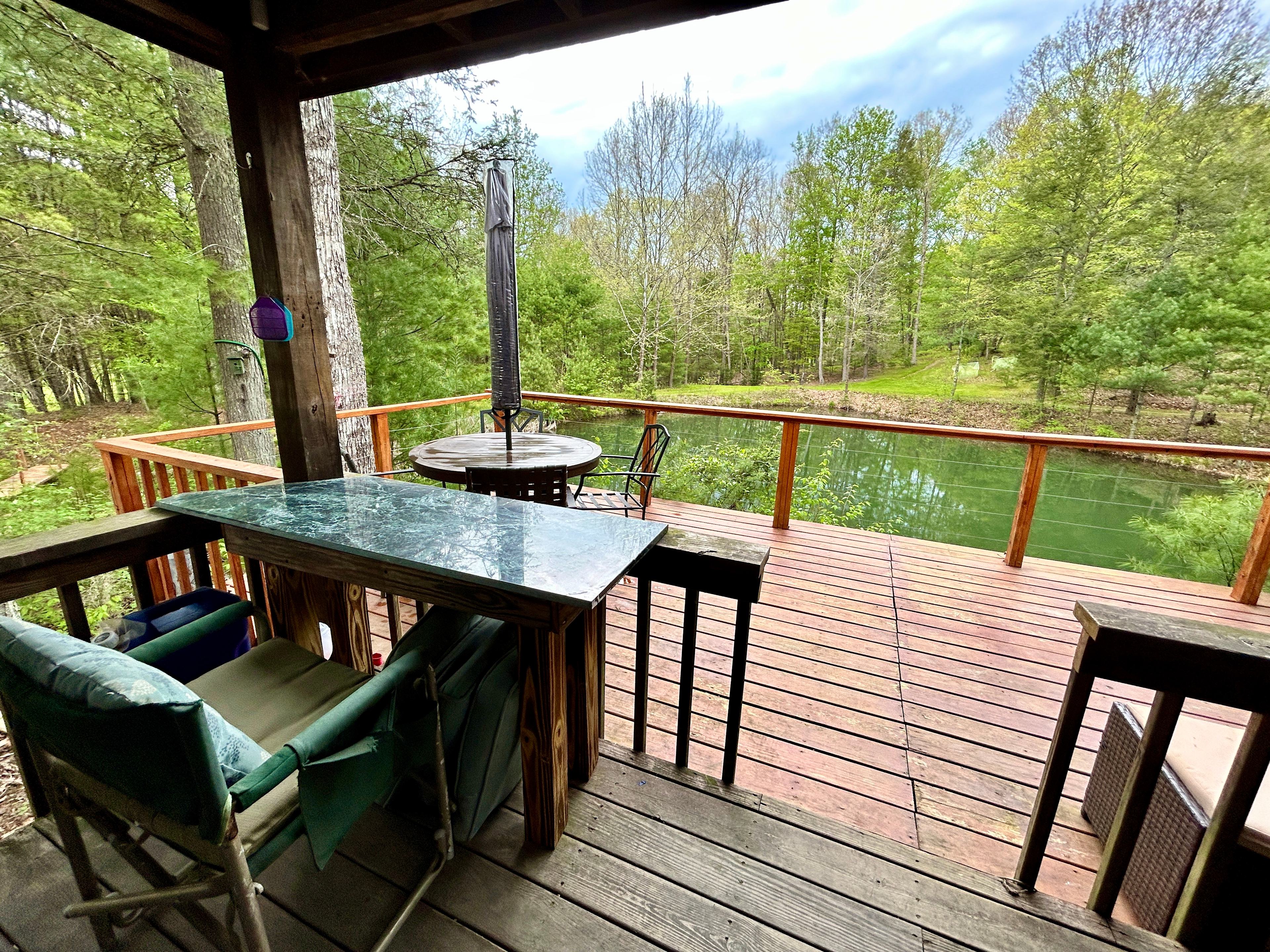Deck overlook Sycamore Pond.  Great for relaxing, writing, stargazing. 