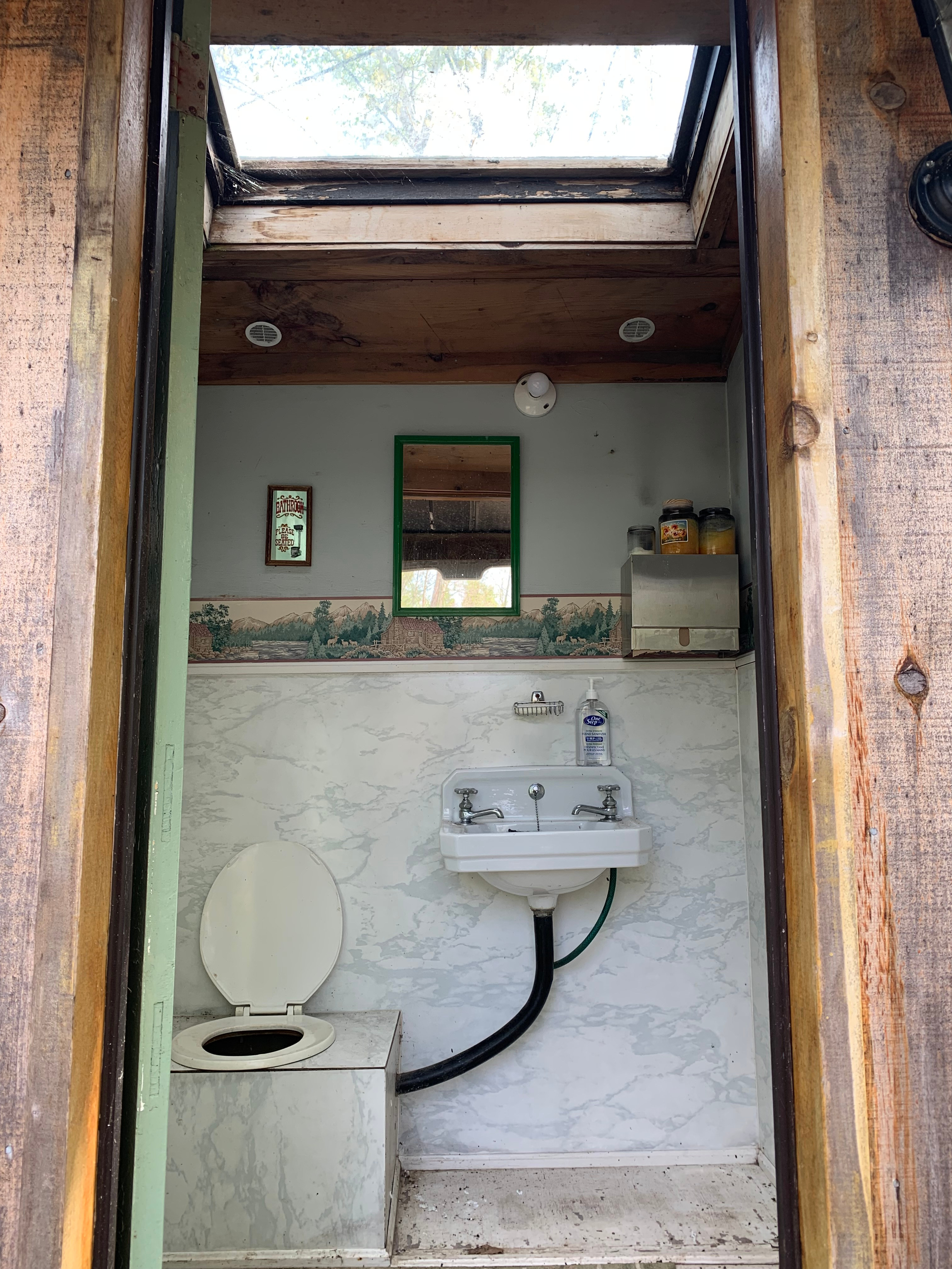 The Outhouse may be used throughout your stay. Please bring along toilet paper, there is no running water, except rain water that may or may not be full depending on Mother Nature providing the rain:-) Hand sanitizer is provided. 