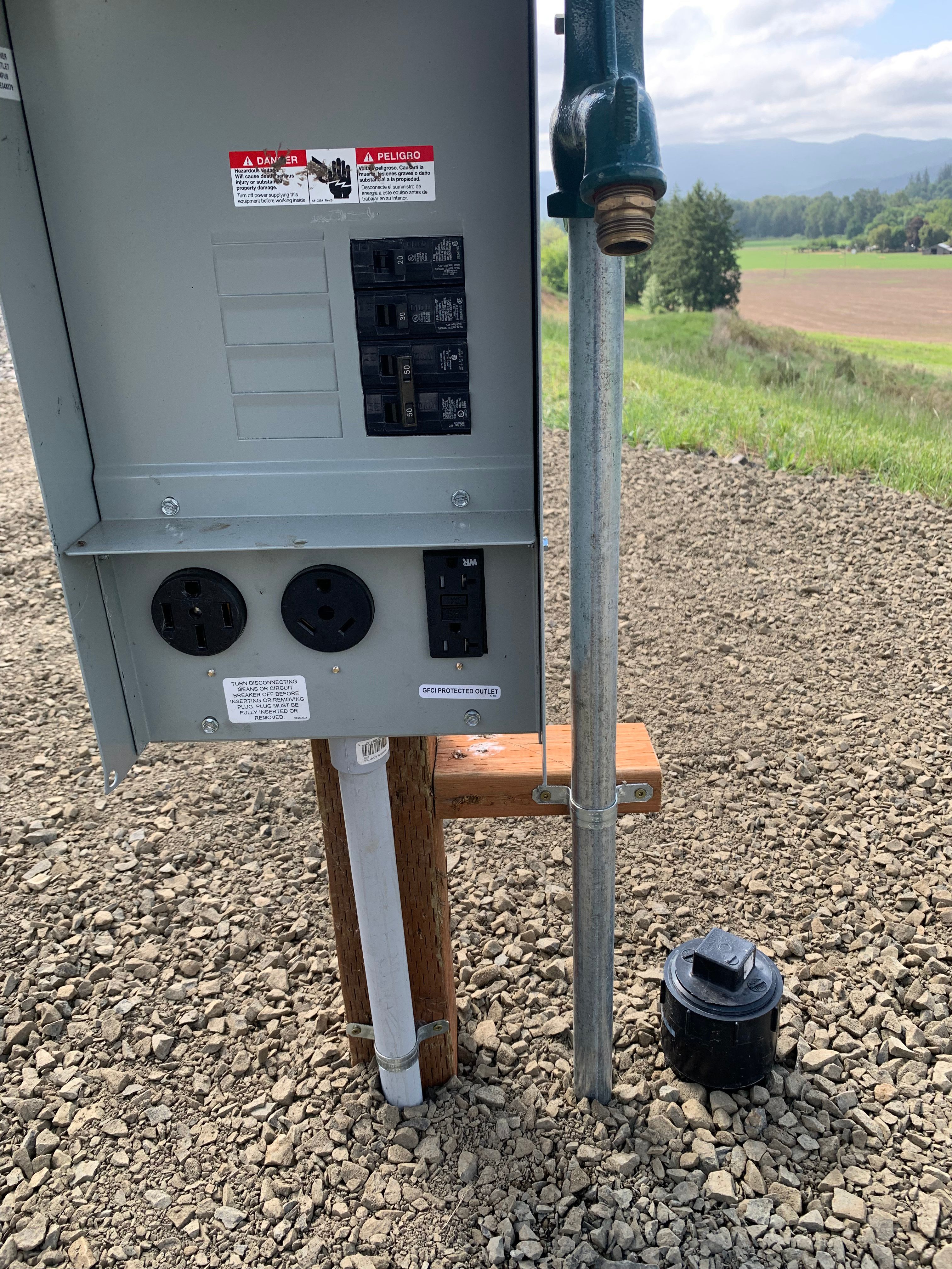 50, 30, or 20amp electrical, city water, septic dump.  Caution of bees.  I will try and check prior to arrival.