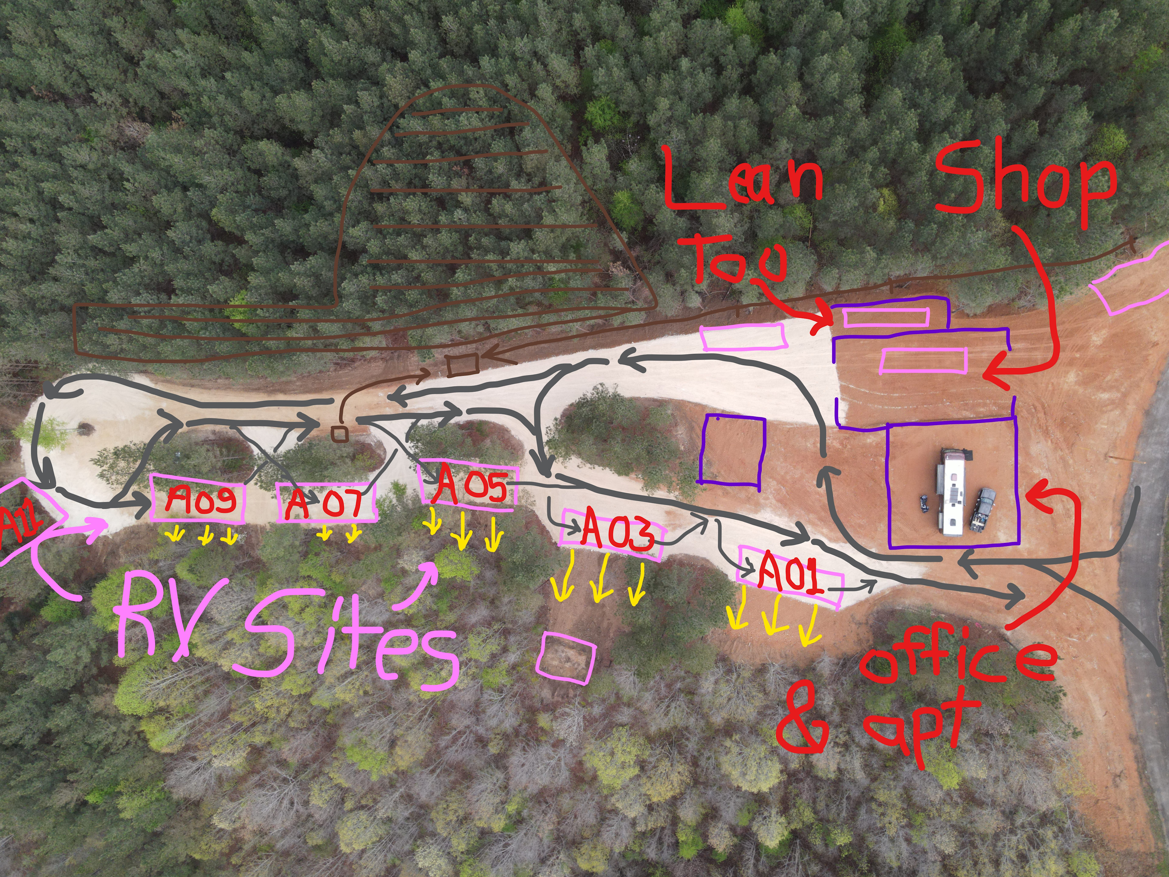 Our crude version of a Harmony Ridge RV Park map! The grey arrows show traffic flow.