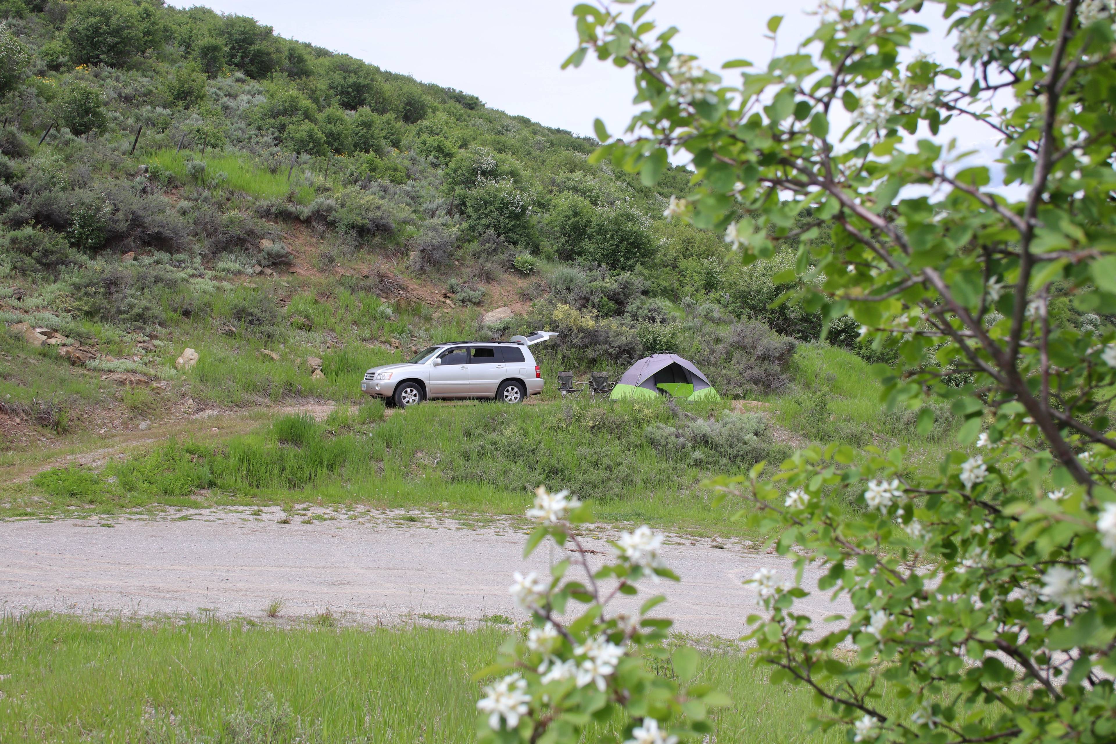 Gravel lane to access the camping pad and that continues up the hill.