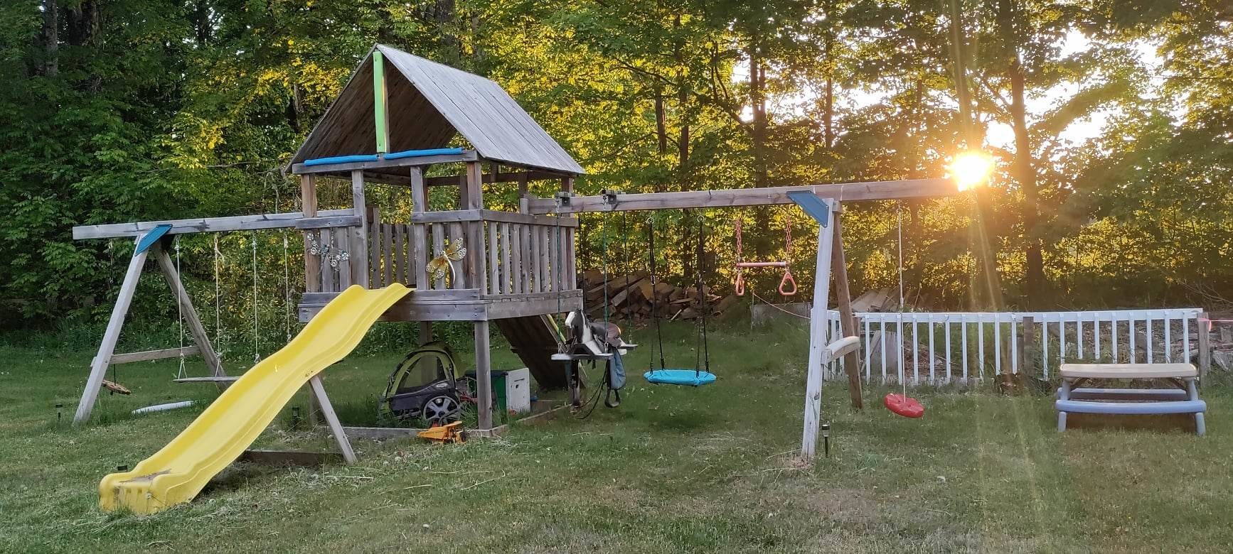 The swing set. This swing set can accommodate up to 8 children. Please respect the weight limits listed on each play piece and follow the playground rules. Also, please stay out of the marked off areas around the back of the playset, thank you.