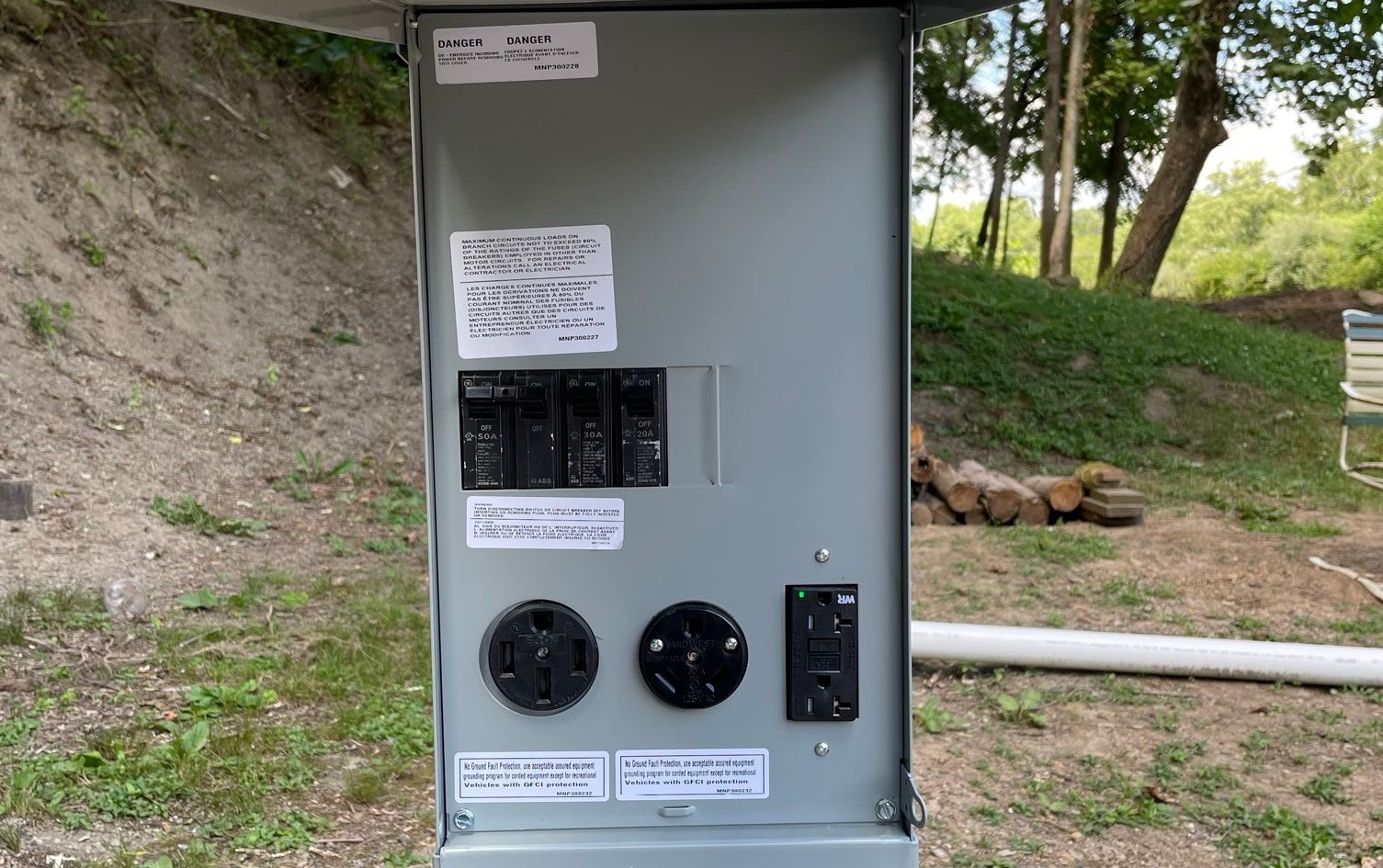 220 Volt 50 Amp, 110 Volt 30 Amp, 110 Volt 20 Amp Electrical service