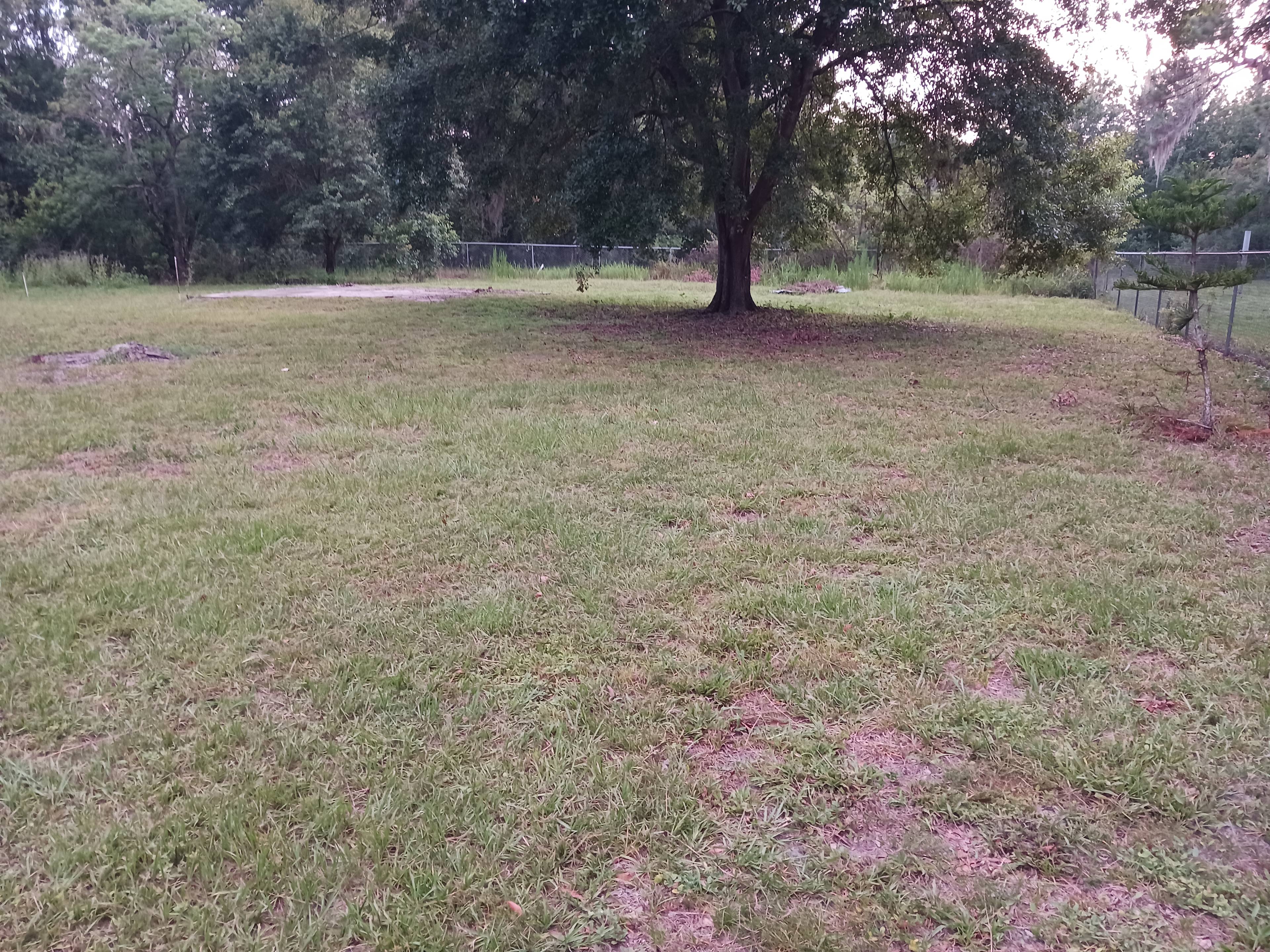Fenced-in pet area with concrete pad and hose spigot.