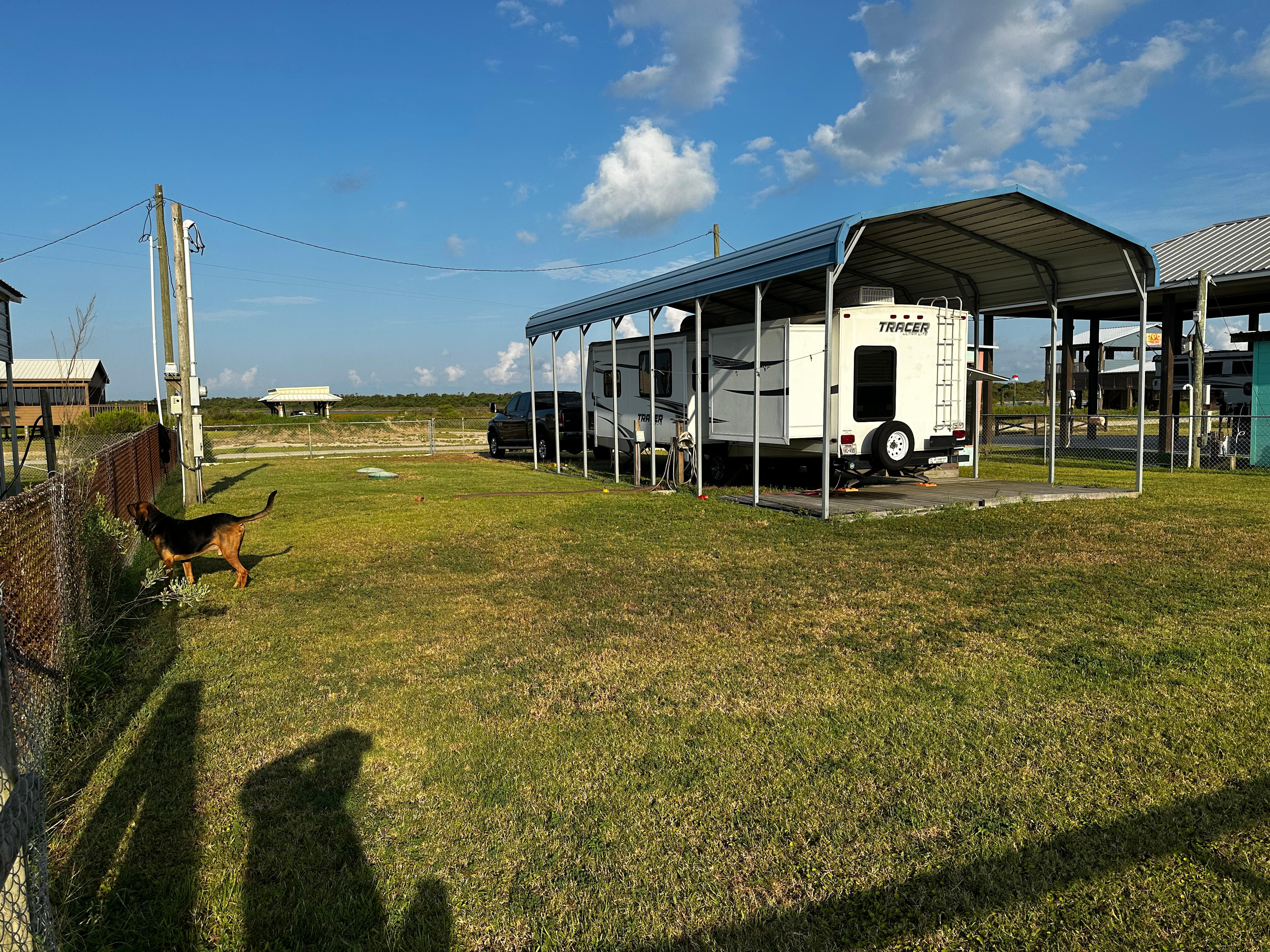 RV from back corner of the lot. And the bloodhound again (He is only there with us. Not part of rental!) 