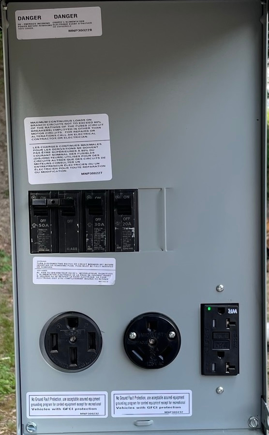 220 Volt 50 Amp, 110 Volt 30 Amp, 110 Volt 20 Amp Electrical service