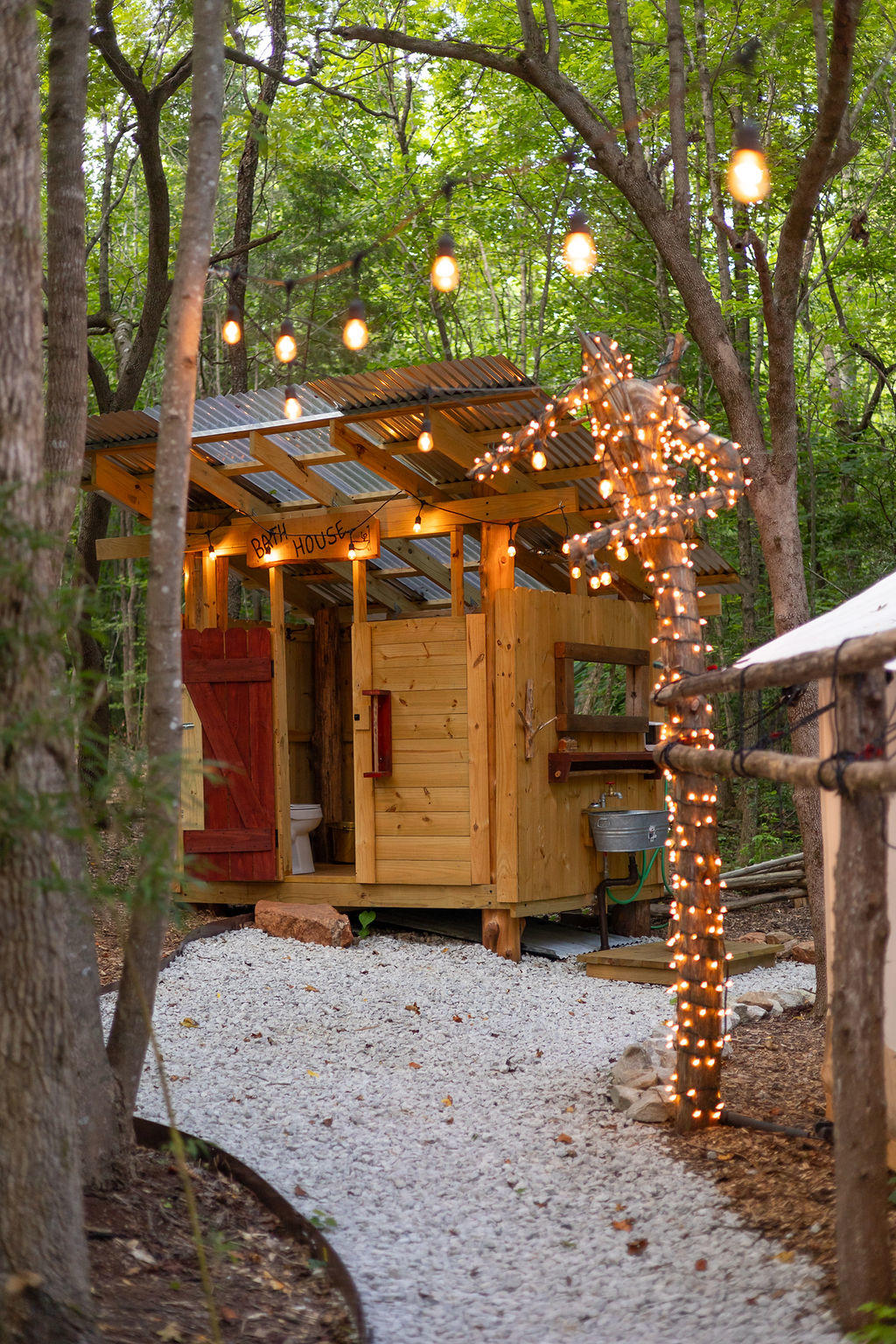 Trail to private bathhouse with hot shower and flush toilet