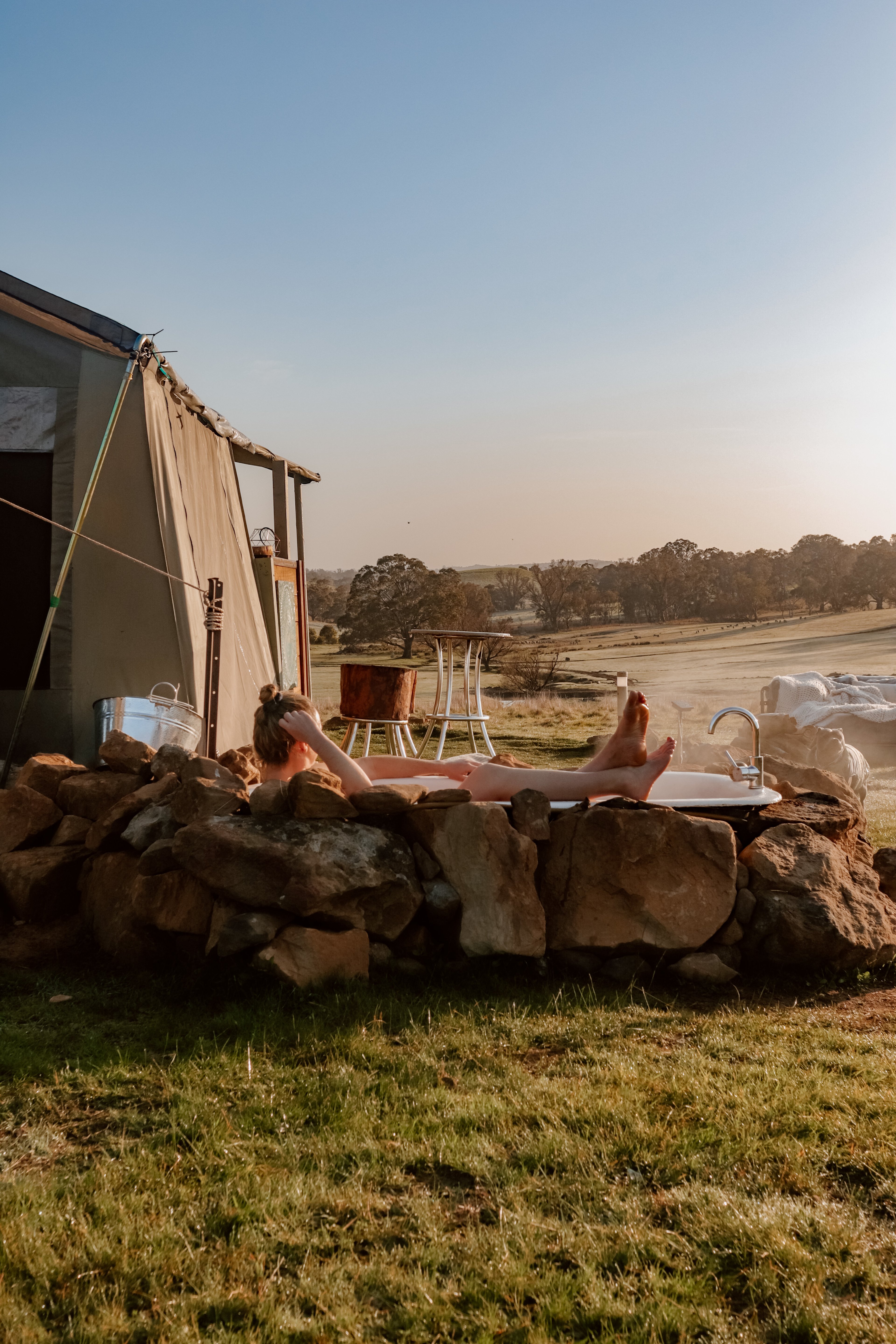 Enjoying the outdoor bath at Pitched canvas tent.