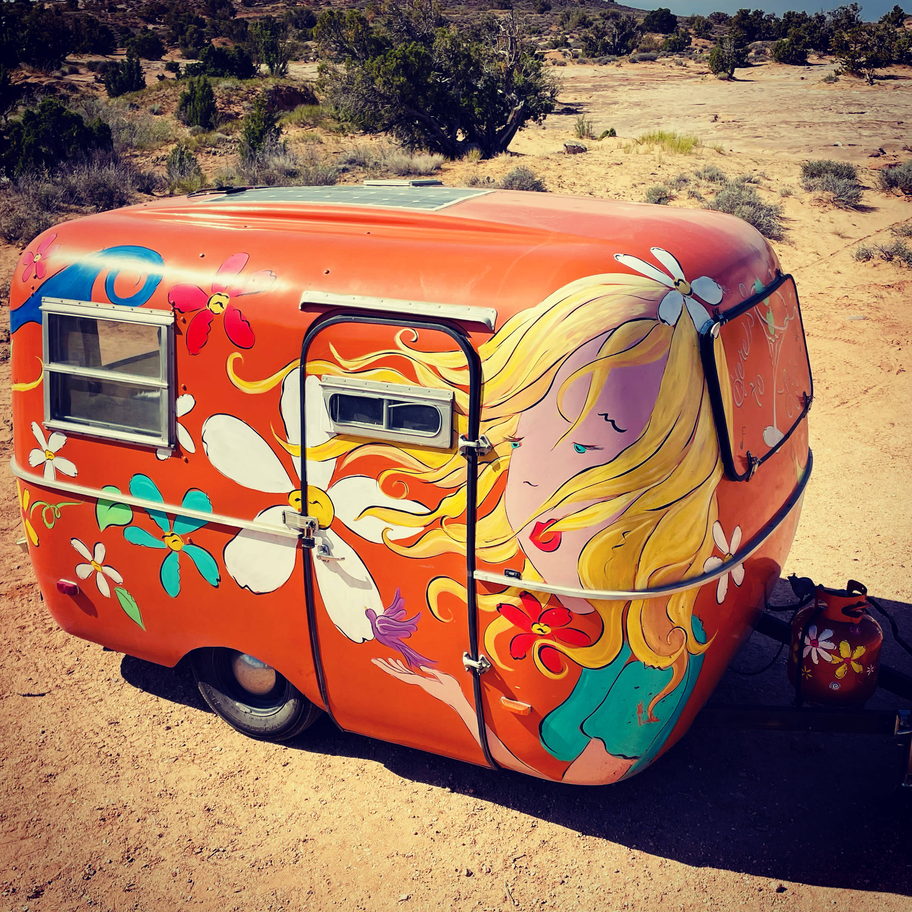 Small solar panel on roof will charge phones and iPads but will NOT run appliances or hair dryers.