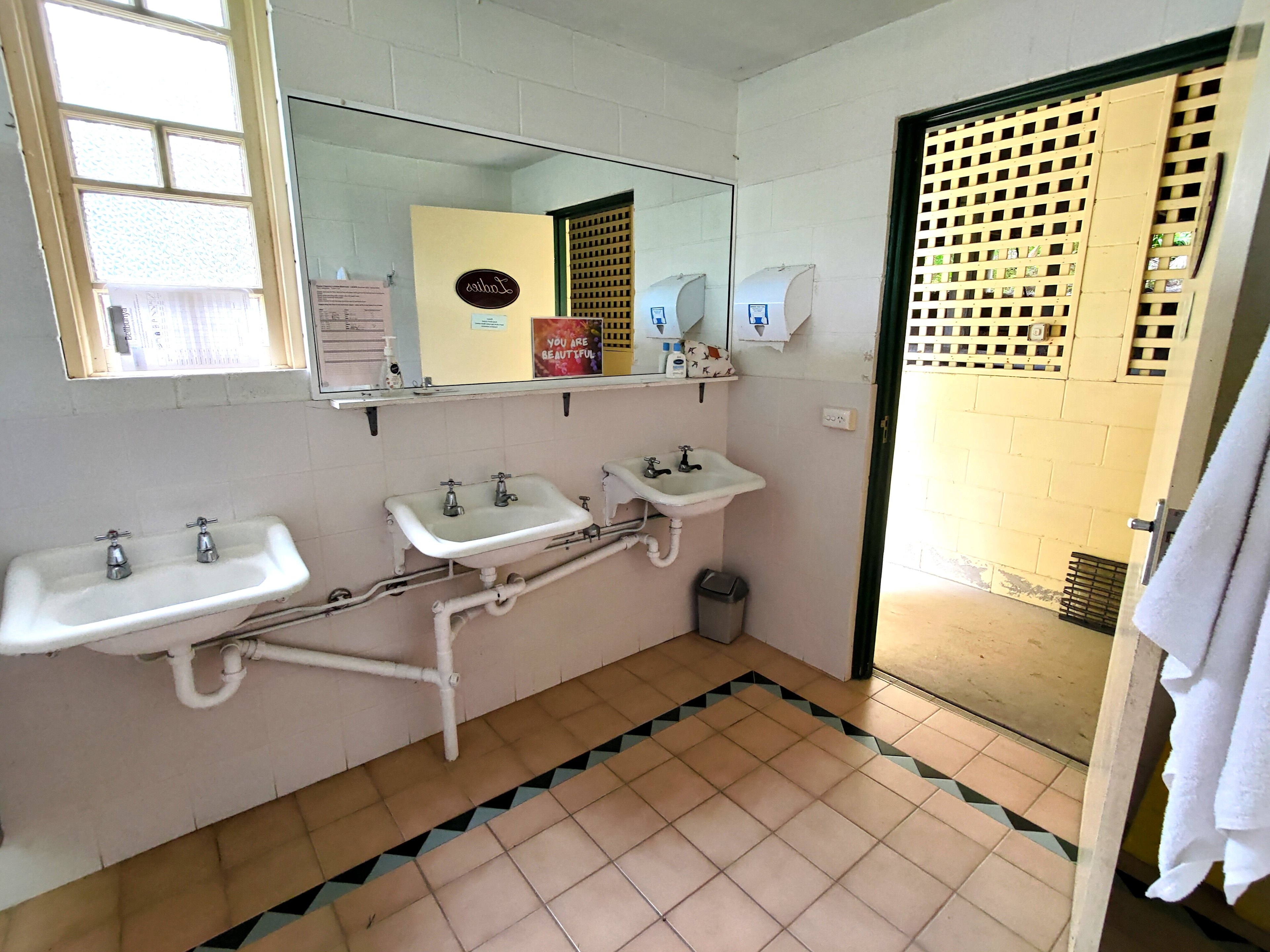 Basins are located in the toilet and shower block. 