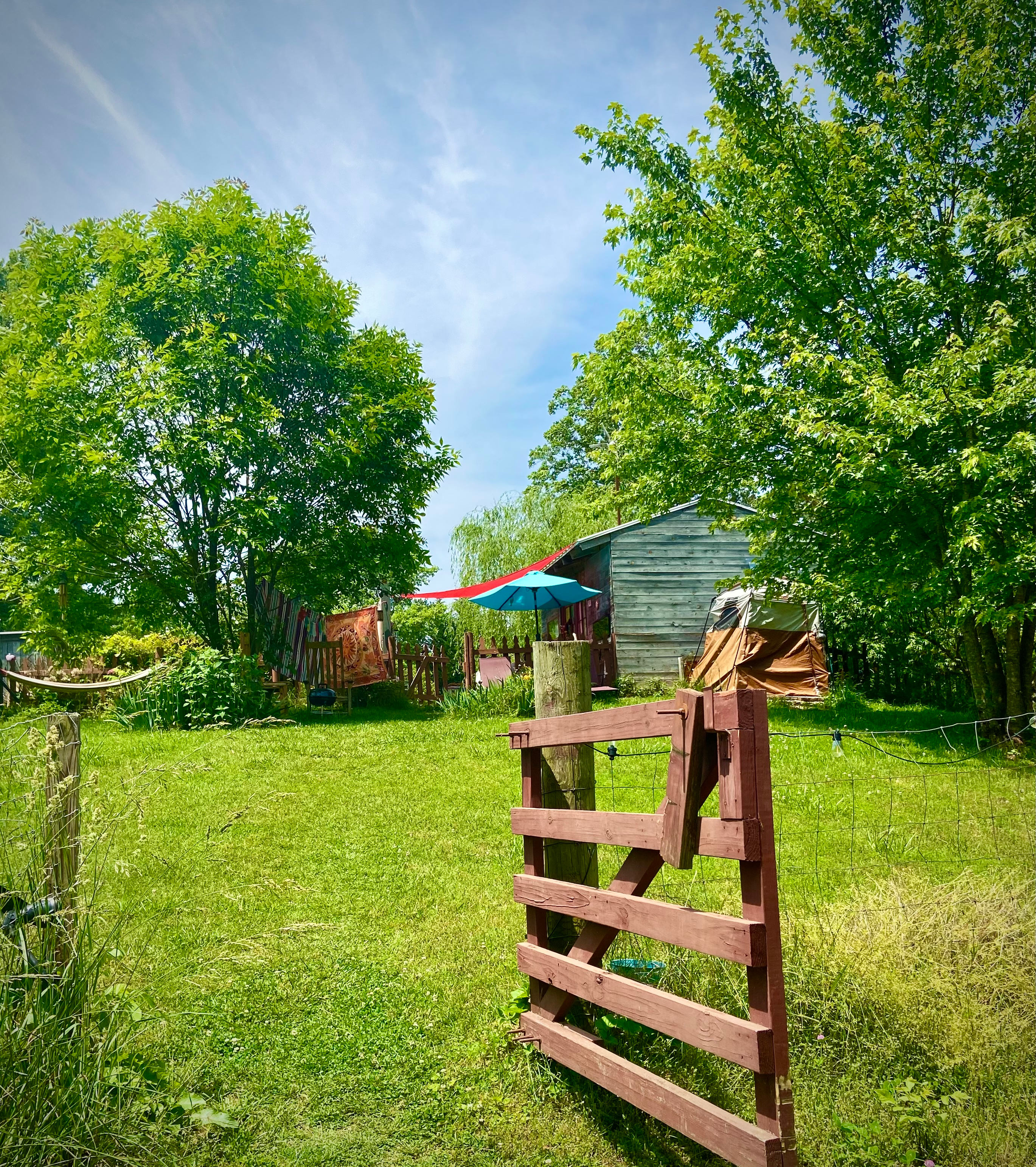 Entrance to cottage side yard and path to cottage from parking area