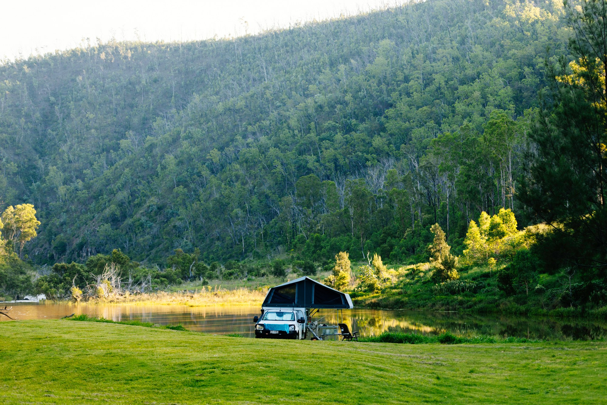 Sunset on the riverside campsite